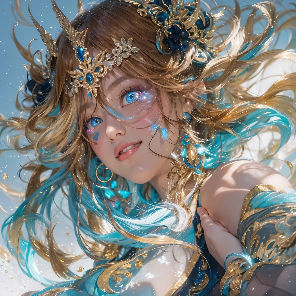 Yellow blue colors,enamel,agate,A flesh-colored world,Blood Blue Maiden 32k(masterpiece,HD,Aoyama Pond,Ultra high quality,32k)long flowing bright blue hair,blood pool,Ziddink, a color,Grumpy (After greeting), (Linen scarf), fighting stance, looking at the ground, long white hair, Floating bright blue, Fire cloud gold headdress, Chinese long-sleeved gold silk burgundy garment, (Abstract metaverse splash:1.2), White background,Peony flower vitality protector(realistically:1.4),bright purple hair,Smoke on the road,The background is very pure, high resolution, detail, RAW photos, Sharp Re, Nikon D850 film photo by Jefferies Lee 4 Kodak Portra 400 camera F1.6 guns, colorful, Ultra-realistic and vivid textures, dramatic lighting, Unreal Engine Art Station Trend, Sinest 800,一个有着long flowing bright blue hair的女孩,huge colorful bubbles