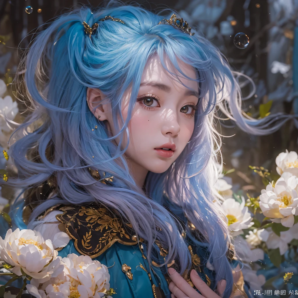 Yellow blue colors，enamel，agate，A flesh-colored world，Blood Blue Maiden 32k（masterpiece，HD，Aoyama Pond，Ultra high quality，32k）long flowing bright blue hair，blood pool，Ziddink， a color，Grumpy （After greeting）， （Linen scarf）， fighting stance， looking at the ground， long white hair， Floating bright blue， Fire cloud gold headdress， Chinese long-sleeved gold silk burgundy garment， （Abstract metaverse splash：1.2）， White background，Peony flower vitality protector（realistically：1.4），bright purple hair，Smoke on the road，The background is very pure， high resolution， detail， RAW photos， Sharp Re， Nikon D850 film photo by Jefferies Lee 4 Kodak Portra 400 camera F1.6 guns, colorful, Ultra-realistic and vivid textures, dramatic lighting, Unreal Engine Art Station Trend, Sinest 800，一个有着long flowing bright blue hair的女孩，huge colorful bubbles