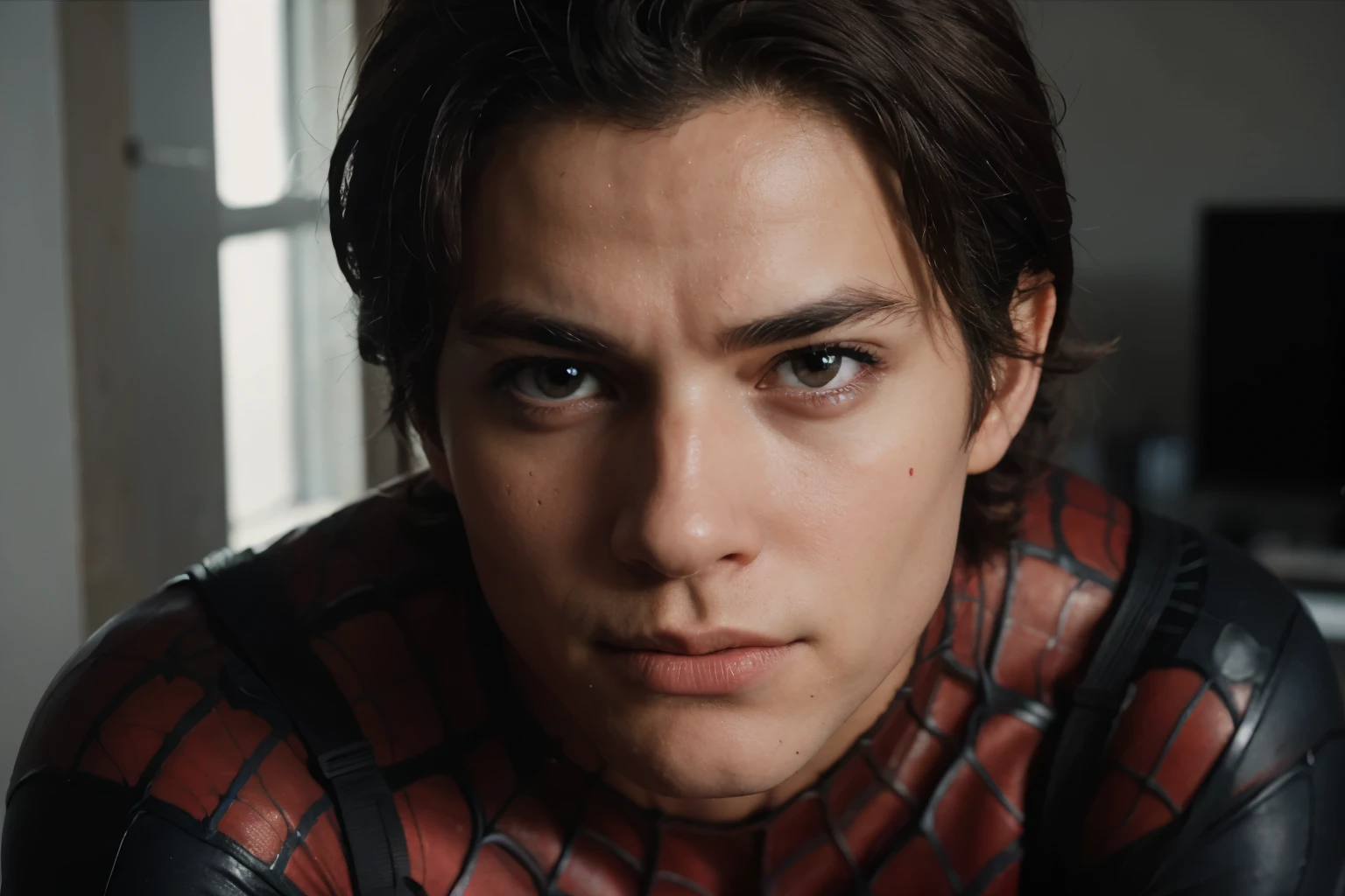 Picture of Spider-Man, To persuade, The twenties, Handsome, Detailed face, Looking at the camera, painting, 8K Ultra HD, High quality