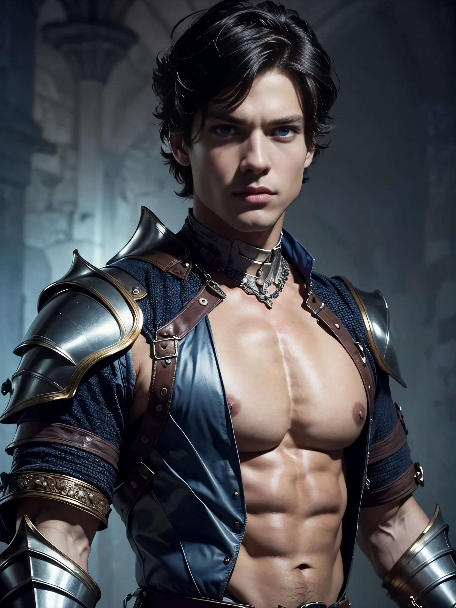 Photorealistic, ((best quality)), ((masterpiece)), (detailed), masculine portrait of a young dark medieval prince, 18-year-old male models, handsome, tall, cute looking, evil look, dark look, powerful, young male, handsome model, clean shave, (blue eyes:1.6) (short curly messy brown hair:1.2), messy curly hair, super strong, muscular, fit, massive muscles, six pack, shirtless, barechested, half-naked, topless, muscle, ripped, strong body, fit body, great chest, amazing arms, fantasy royal jewels, (medieval armor:1.7), a fairytale castle in the background, medieval feast, (Dark background:1) 8k, high detailed, ultra-detailed, Stylish Pose, real skin texture, dark cinematic lighting