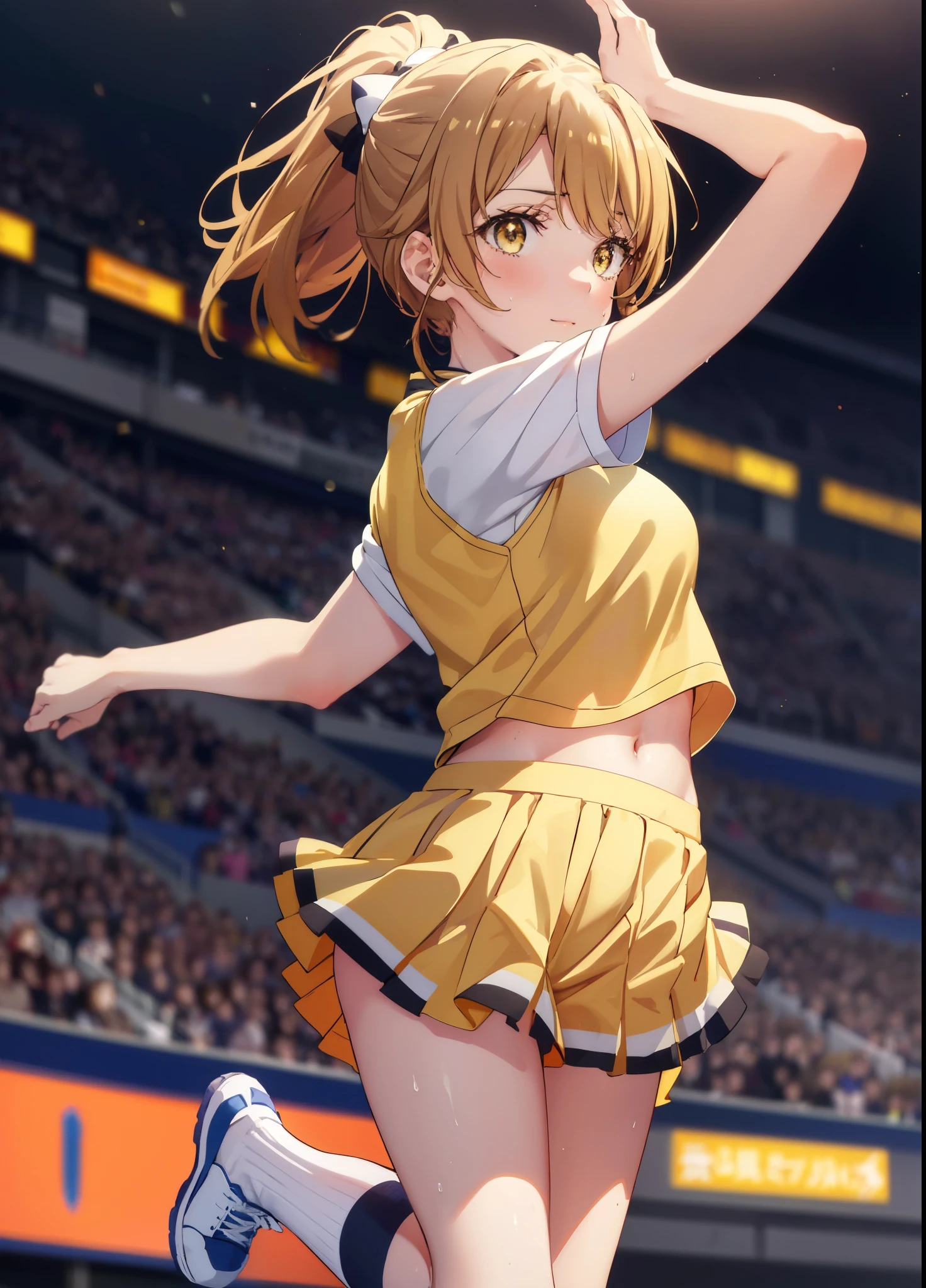 irohaisshiki, Isshiki Iroha, long hair, ponytail,brown hair, (brown eyes:1.5), smile,close your mouth,(Very delicate eyes), (Cheerleader), (whole body), big breasts, lower, (sweaty), sweaty Wet Clothes, (yellow clothes), pleated skirt, striped socks,sneakers,navel support, playground, (jump), (jump), 足を曲げてjumpする,Cheerleader, pom pom \(Cheerleader\), break outdoor ,arena,運動場
break looking at viewer,
break (masterpiece:1.2), highest quality, High resolution, unity 8k wallpaper, (shape:0.8), (beautiful and detailed eyes:1.6), highly detailed face, perfect lighting, Very detailed CG, (perfect hands, perfect anatomy),