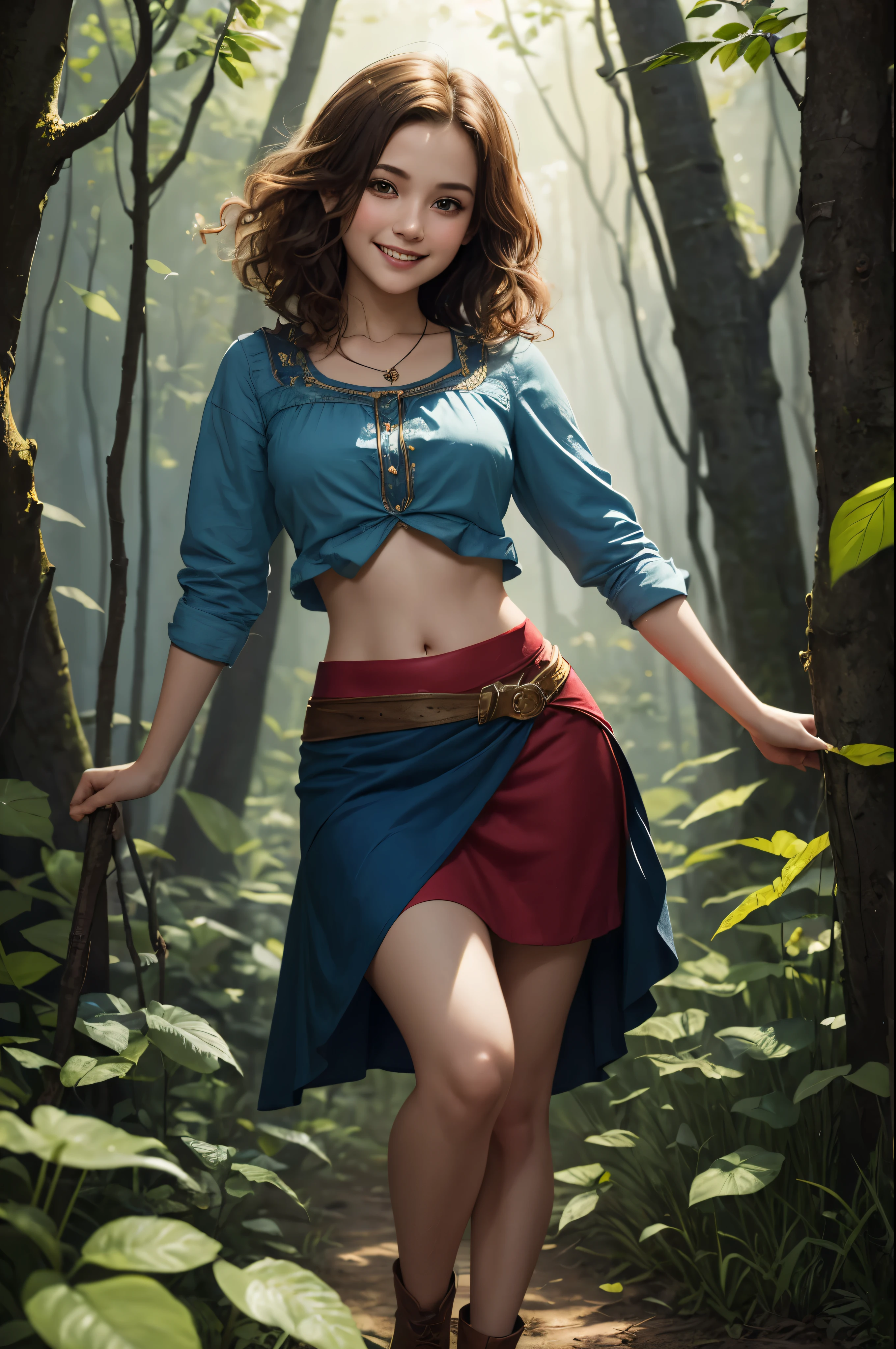 Halfling woman, bright eyes, curly hair, ((full body)), short stature, gypsy, wearing blue blouse and red skirt, bare midriff, in a green forest. Smiling, playful, watercolor illustration, dramatic lighting, (depth of field), ((masterpiece)), ((best quality)), ((highly detailed))