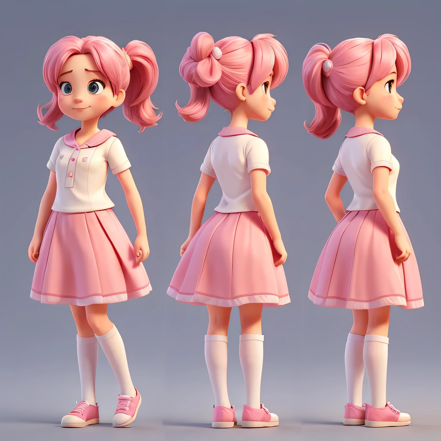 Gib mir ein Charakterblatt, unterschiedliche Posen mit unterschiedlichem Gesichtsausdruck einer Figur zeigen, Ihr Name ist Jana Jiki. Kein Hintergrund, White background, Different poses and expressions, , Sie ist 11 Jahre alt und hat rosa Haare, Niedlich, Posen von vorne und von hinten der Figur, All poses are full body poses from head to toe, different facial expressions such as happy, sad and angry, Konsistenter Charakter, even hair,Gleiche Frisur, Twin ponytails, Klein, Full body view, einheitliche Kleidung, rosa Rock, Niedlich dress, White blouse