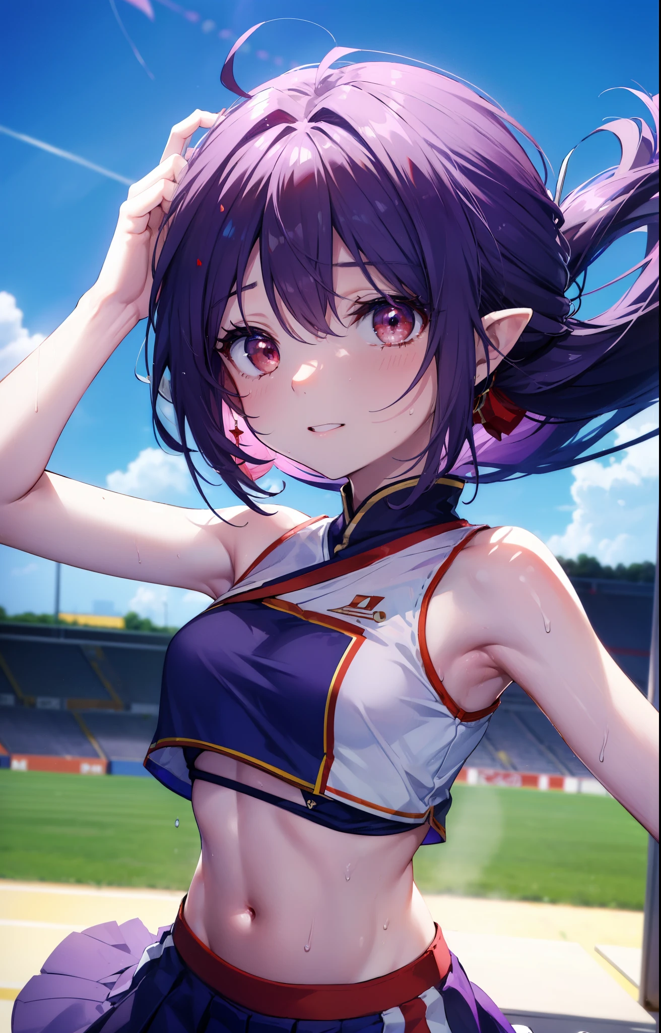 Yuki Konno, Yuki Konno, hair band, long hair, pointy ears, purple hair, (red eyes:1.5), (small breasts:1.2), open your mouth,(Very delicate eyes), (Cheerleader), (whole body), big breasts, lower, (sweaty), sweaty Wet Clothes, (purple clothes), , navel support, playground, (jump), (jump), 足を曲げてjumpする, air, blue sky, Grass原, smile,Cheerleader, pom pom \(Cheerleader\), Grass, Breaks down at the sight of the viewer., Upper body, whole body,
rest outdoors, destroy the playground (masterpiece:1.2), highest quality, High resolution, unity 8k wallpaper, (shape:0.8), (beautiful and detailed eyes:1.6), highly detailed face, perfect lighting, Very detailed CG, (perfect hands, perfect anatomy),