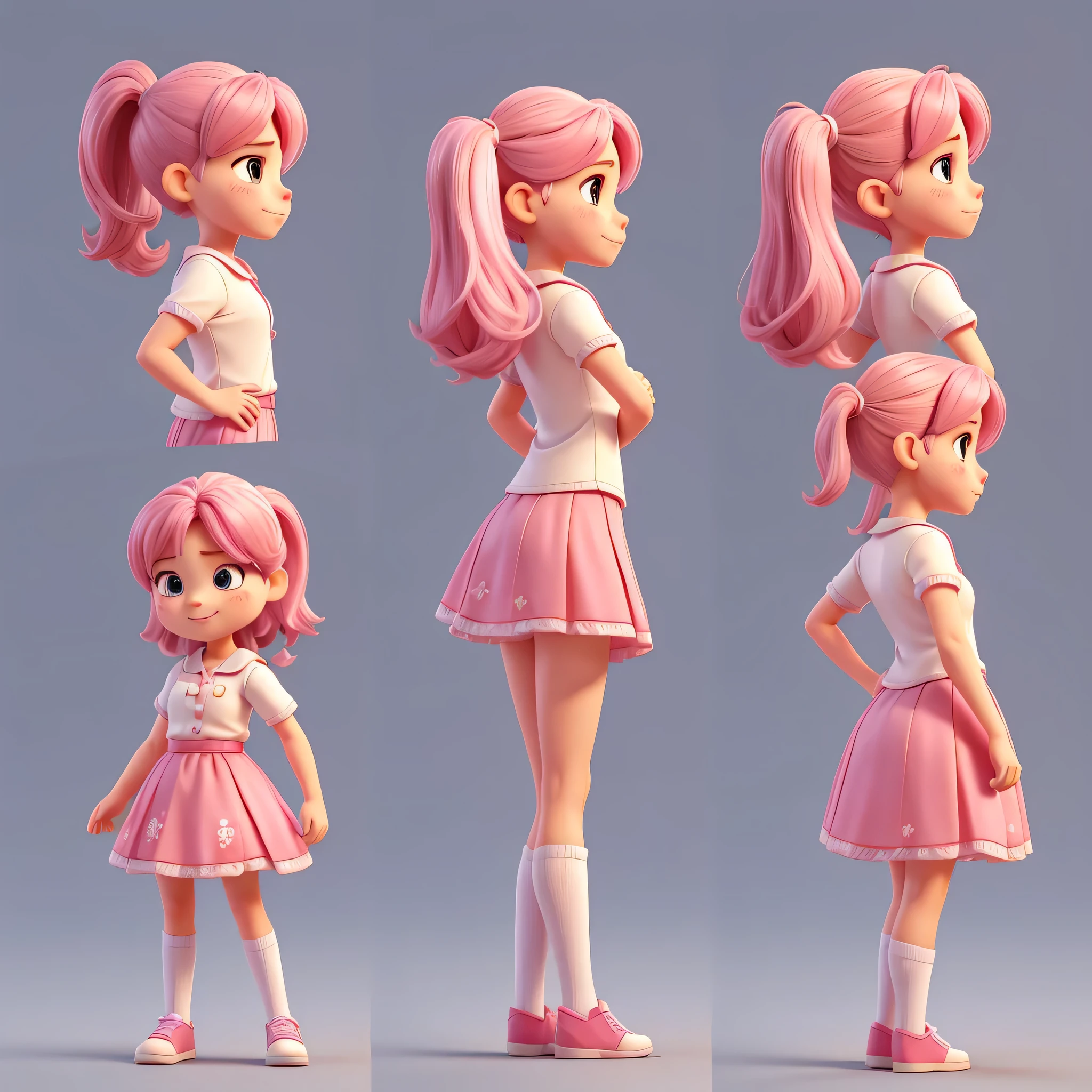 Gib mir ein Charakterblatt, unterschiedliche Posen mit unterschiedlichem Gesichtsausdruck einer Figur zeigen, Ihr Name ist Jana Jiki. Kein Hintergrund, White background, Different poses and expressions, , Sie ist 11 Jahre alt und hat rosa Haare, Niedlich, Posen von vorne und von hinten der Figur, All poses are full body poses from head to toe, different facial expressions such as happy, sad and angry, Konsistenter Charakter, even hair,Gleiche Frisur, Twin ponytails, Klein, Full body view, einheitliche Kleidung, rosa Rock, Niedlich dress, White blouse