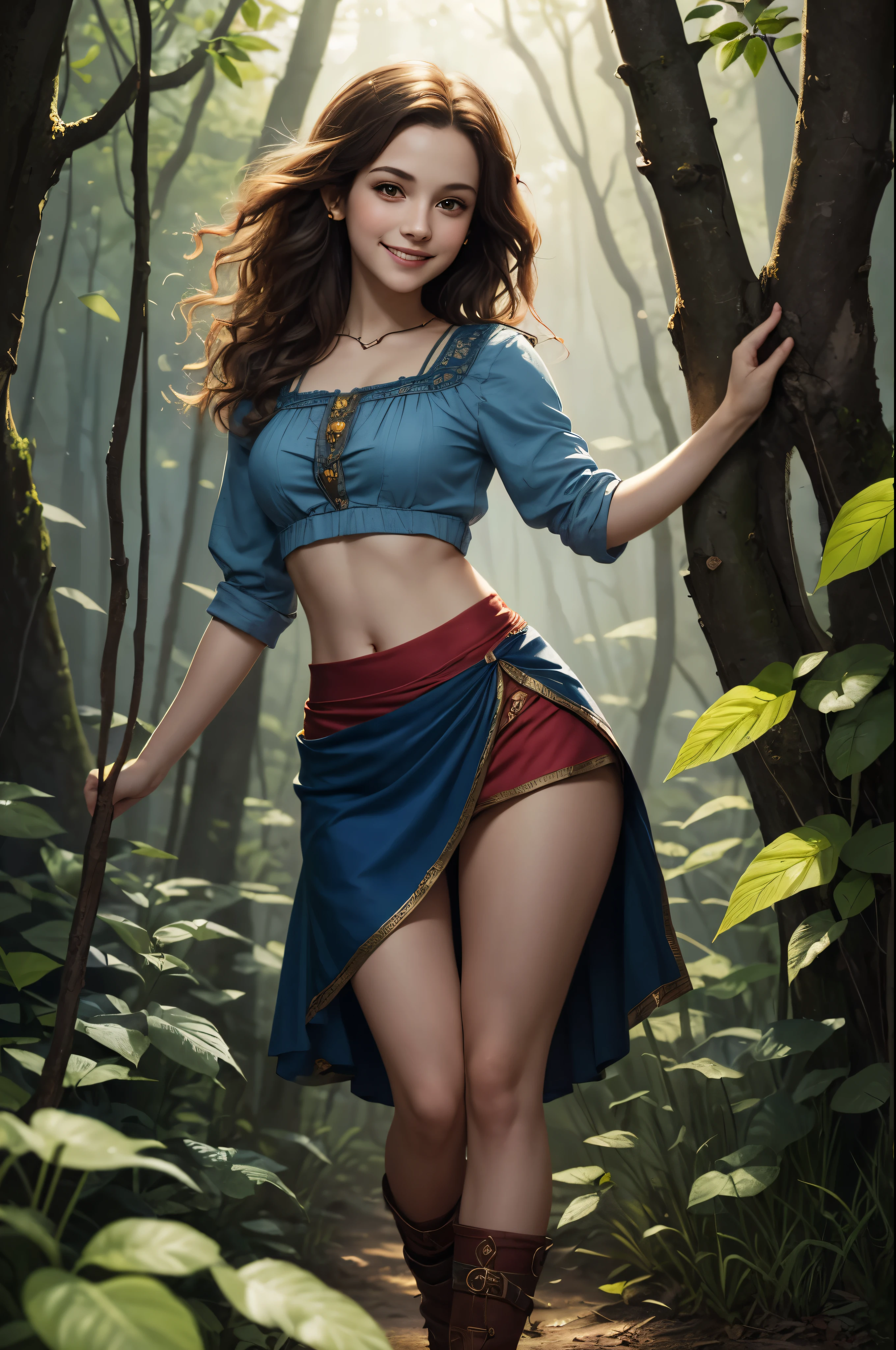 Halfling woman, bright eyes, curly hair, pointed ears, ((full body)), short stature, gypsy, wearing blue blouse and red skirt, bare midriff, in a green forest. Smiling, playful, watercolor illustration, dramatic lighting, (depth of field), ((masterpiece)), ((best quality)), ((highly detailed))