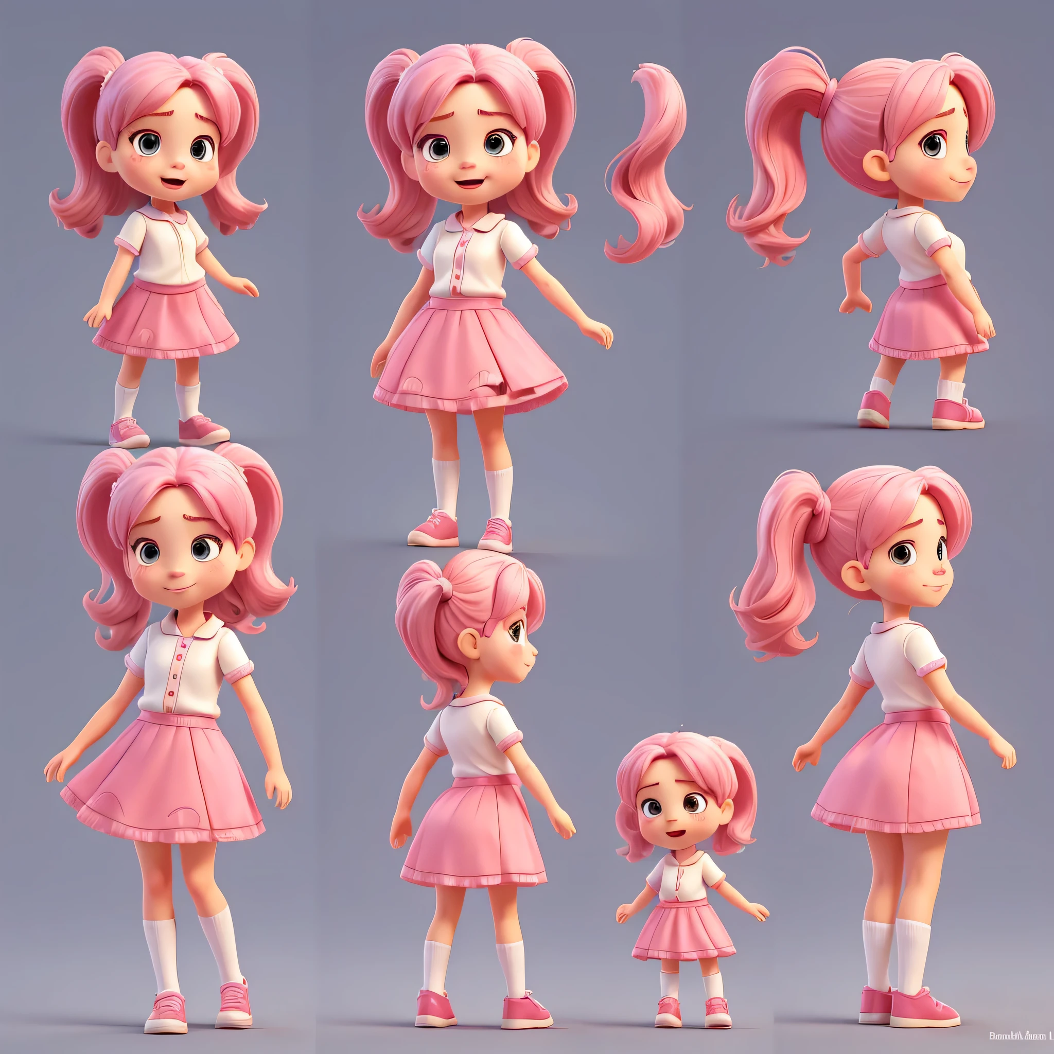 Gib mir ein Charakterblatt, unterschiedliche Posen mit unterschiedlichem Gesichtsausdruck einer Figur zeigen, Ihr Name ist Jana Jiki. Kein Hintergrund, White background, Different poses and expressions, , Sie ist 11 Jahre alt und hat rosa Haare, Niedlich, Posen von vorne und von hinten der Figur, All poses are full body poses from head to toe, different facial expressions such as happy, sad and angry, Konsistenter Charakter, even hair,Gleiche Frisur, Twin ponytails, Klein, Full body view, einheitliche Kleidung, rosa Rock, Niedlich dress, White blouse