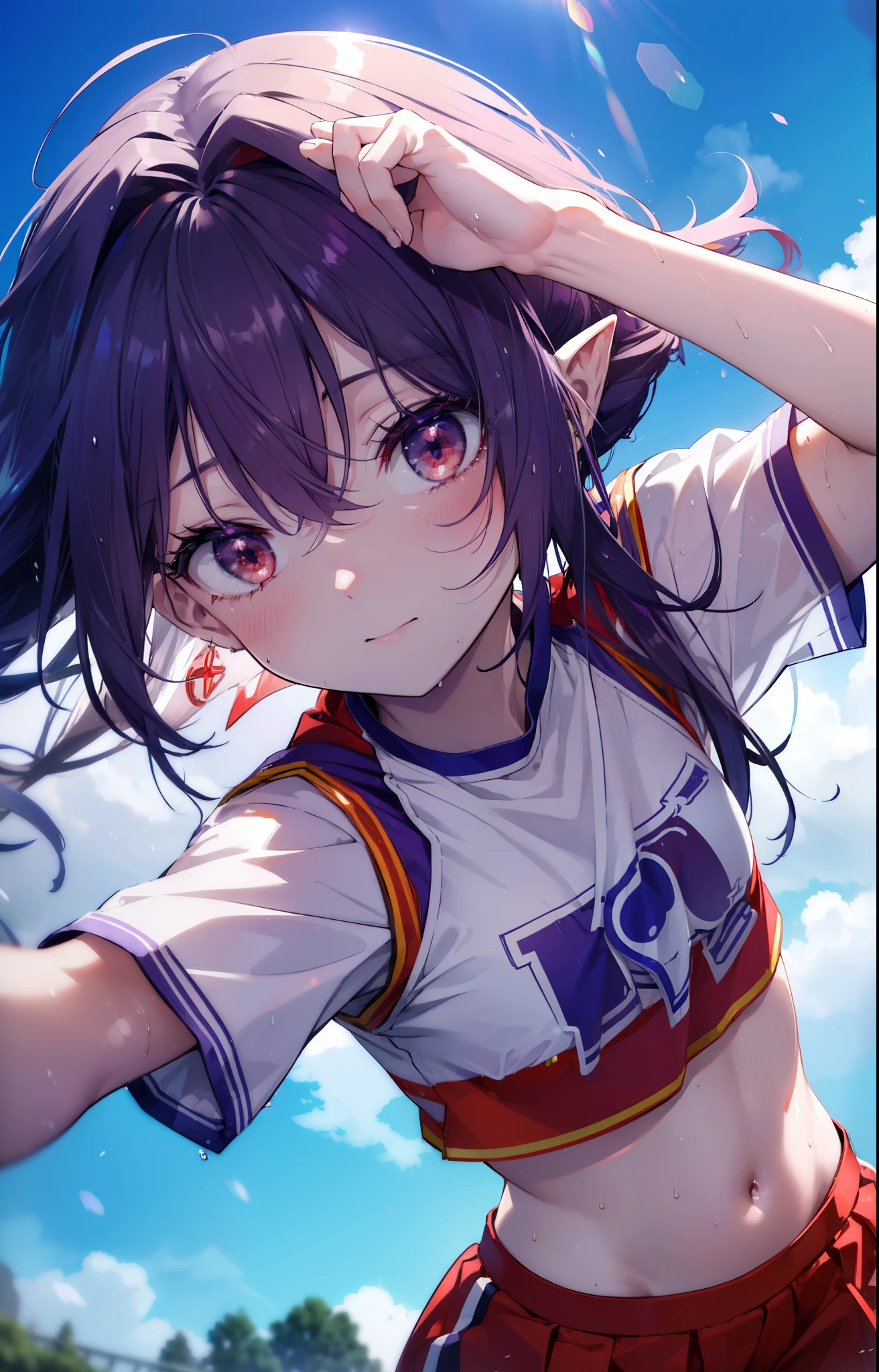 Yuki Konno, Yuki Konno, hair band, long hair, pointy ears, purple hair, (red eyes:1.5), (small breasts:1.2), open your mouth,(Very delicate eyes), (Cheerleader), (whole body), big breasts, lower, (sweaty), sweaty Wet Clothes, (purple clothes), , navel support, playground, (jump), (jump), 足を曲げてjumpする, air, blue sky, Grass原, smile,Cheerleader, pom pom \(Cheerleader\), Grass, Breaks down at the sight of the viewer., Upper body, whole body,
rest outdoors, destroy the playground (masterpiece:1.2), highest quality, High resolution, unity 8k wallpaper, (shape:0.8), (beautiful and detailed eyes:1.6), highly detailed face, perfect lighting, Very detailed CG, (perfect hands, perfect anatomy),