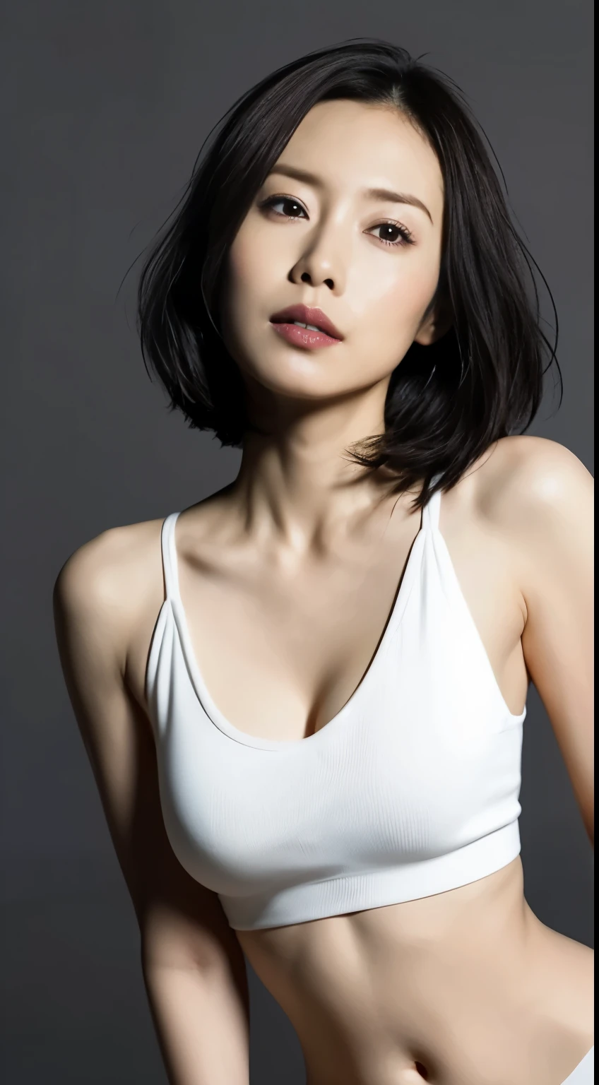 Japanese, short stature woman,  physique, short arm, long slit eyes, fleeting atmosphere, 30 year old female, brown bob hair, ((thin lips)), white top and bottom underwear, muste piece, best quality, detailed skin, detailed eyes, ,8K, good anatomy, upper body portrait