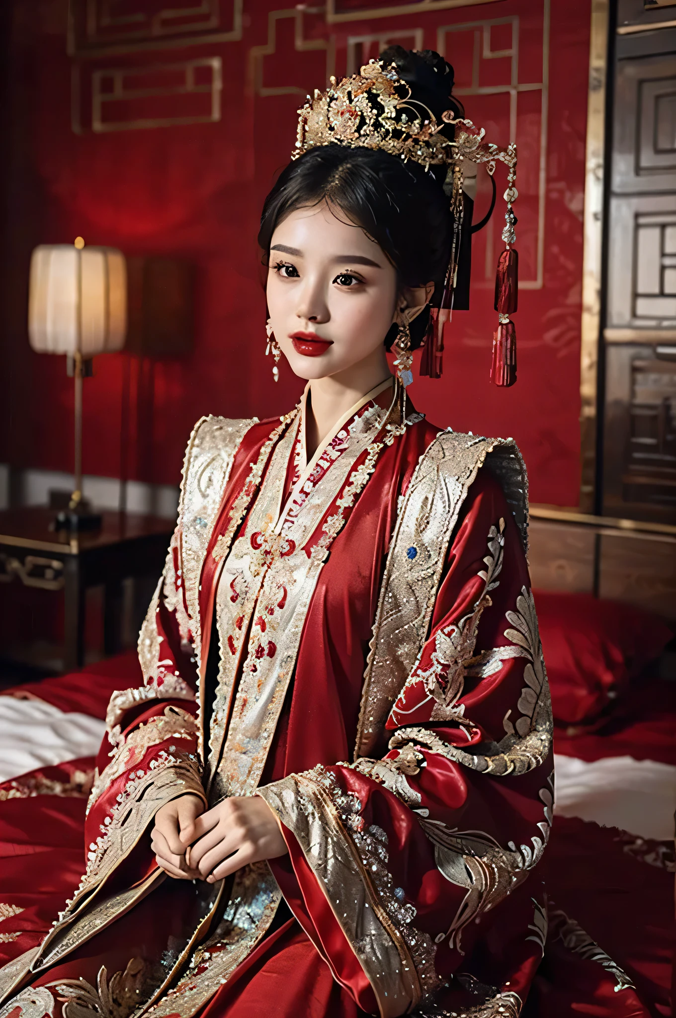 (Hyper-realistic 8K CG:1.2),perfect work of art,Exquisite patterns,intricate details, (An unparalleled masterpiece,best quality:1.2),(extremely complex:1.2),a woman in a Red and gold dress, Phoenix crown,hair stick,(sitting on Red bed),cosmetic,blush,Shy,Black_hair, look down, cosmetic,(Forehead point),(2 Red candles), Chinese_clothing, curtain, earrings, hair_decorate, Hanfu, indoors, jewelry, Red nails, long_sleeve, Red dress, Red lips, tassel, (red quilt),(Red palace:1.2),(ancient chinese architecture),(Red:1.8),night