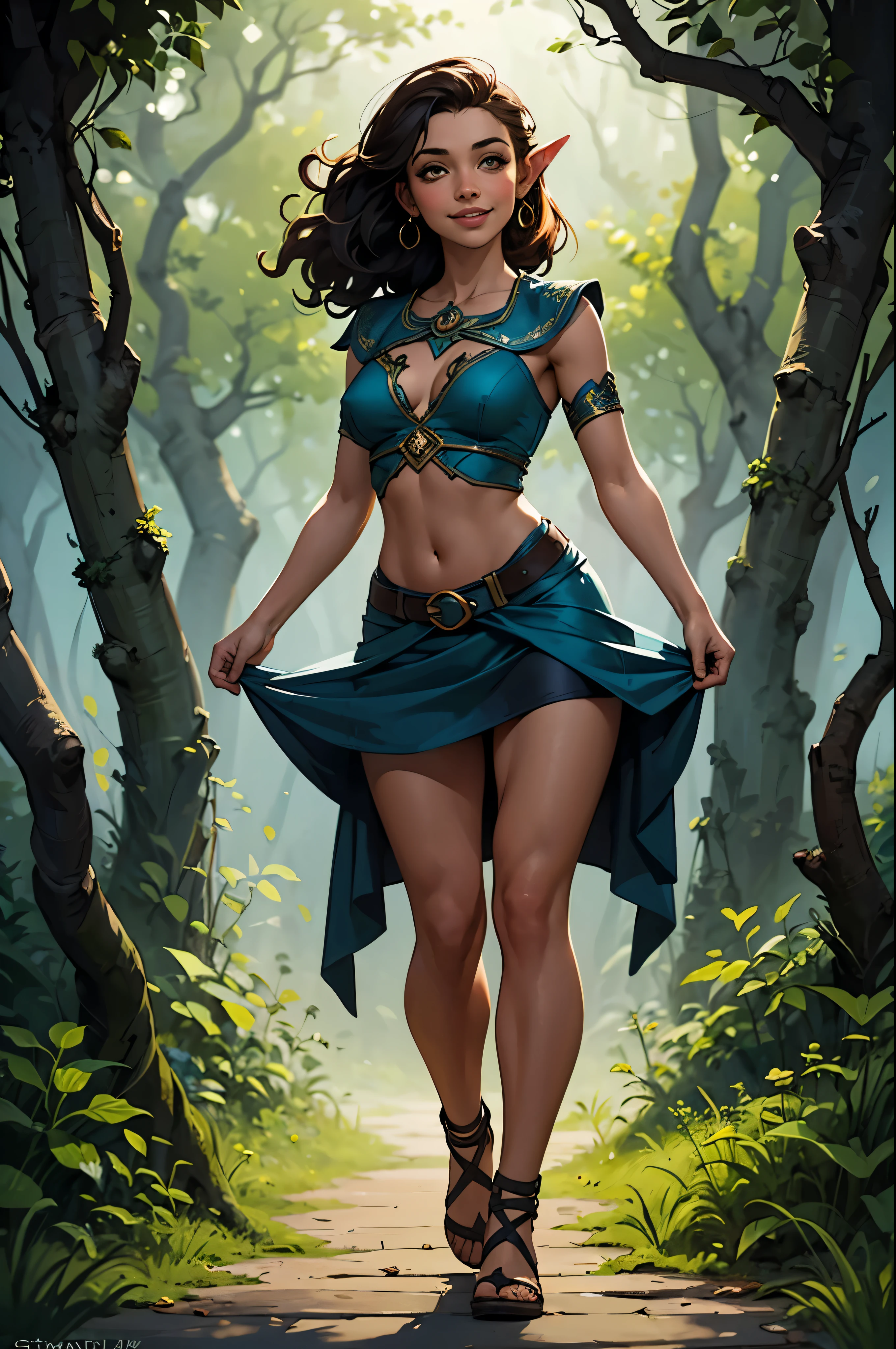 Gnome woman, bright eyes, curly hair, pointed ears, ((full body)), short stature, stocky, tanned, bare breasts, wearing colorful gypsy skirt, bare midriff, in a green forest. Smiling, playful, watercolor illustration, dramatic lighting, (depth of field), ((masterpiece)), ((best quality)), ((highly detailed))