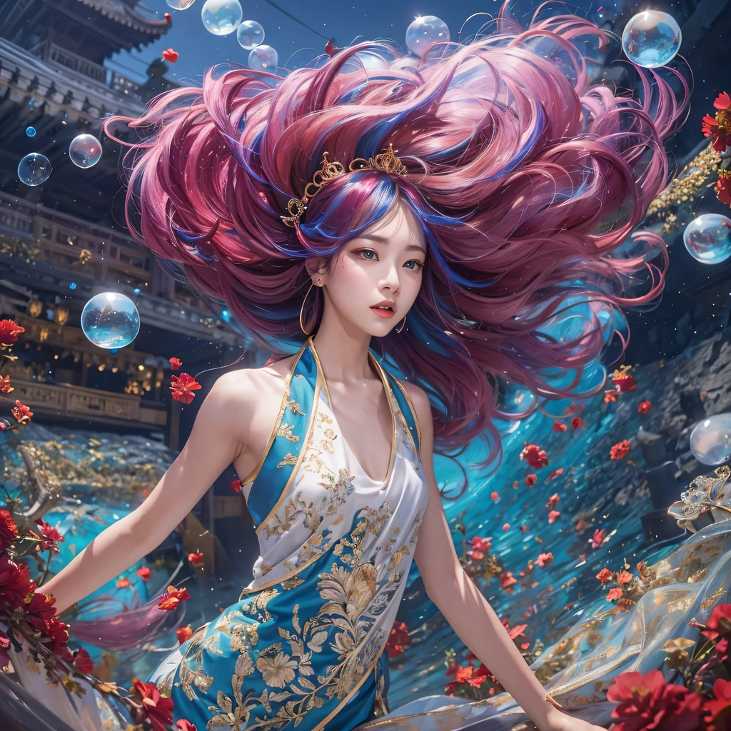 Yellow blue colors,enamel,agate,A flesh-colored world,Blood Blue Maiden 32k(masterpiece,HD,Aoyama Pond,Ultra high quality,32k)long flowing bright blue hair,blood pool,Ziddink, a color,Grumpy (After greeting), (Linen scarf), fighting stance, looking at the ground, long white hair, Floating bright blue, Fire cloud gold headdress, Chinese long-sleeved gold silk burgundy garment, (Abstract metaverse splash:1.2), White background,Peony flower vitality protector(realistically:1.4),bright purple hair,Smoke on the road,The background is very pure, high resolution, detail, RAW photos, Sharp Re, Nikon D850 film photo by Jefferies Lee 4 Kodak Portra 400 camera F1.6 guns, colorful, Ultra-realistic and vivid textures, dramatic lighting, Unreal Engine Art Station Trend, Sinest 800,一个有着long flowing bright blue hair的女孩,huge colorful bubbles