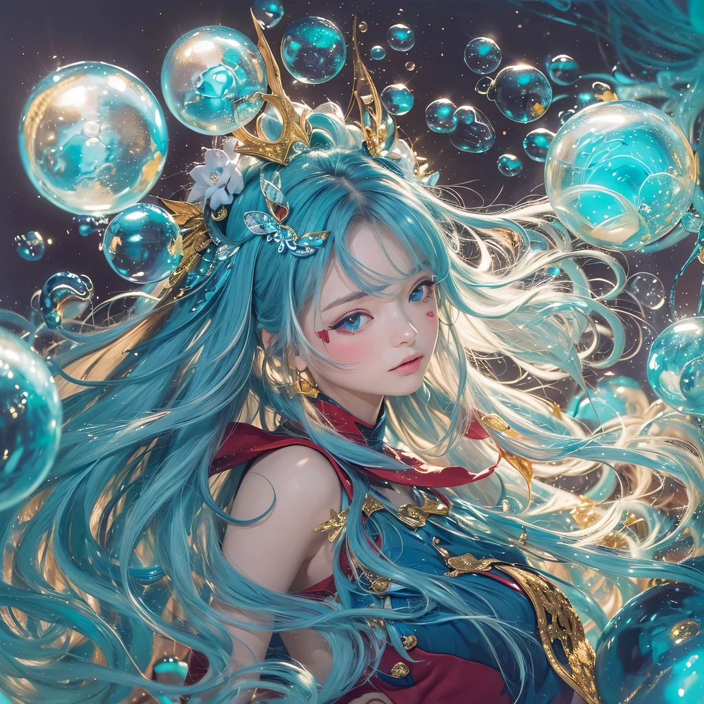 Yellow blue colors,enamel,agate,A flesh-colored world,Blood Blue Maiden 32k(masterpiece,HD,Aoyama Pond,Ultra high quality,32k)long flowing bright blue hair,blood pool,Ziddink, a color,Grumpy (After greeting), (Linen scarf), fighting stance, looking at the ground, long white hair, Floating bright blue, Fire cloud gold headdress, Chinese long-sleeved gold silk burgundy garment, (Abstract metaverse splash:1.2), White background,Peony flower vitality protector(realistically:1.4),bright purple hair,Smoke on the road,The background is very pure, high resolution, detail, RAW photos, Sharp Re, Nikon D850 film photo by Jefferies Lee 4 Kodak Portra 400 camera F1.6 guns, colorful, Ultra-realistic and vivid textures, dramatic lighting, Unreal Engine Art Station Trend, Sinest 800,一个有着long flowing bright blue hair的女孩,huge colorful bubbles