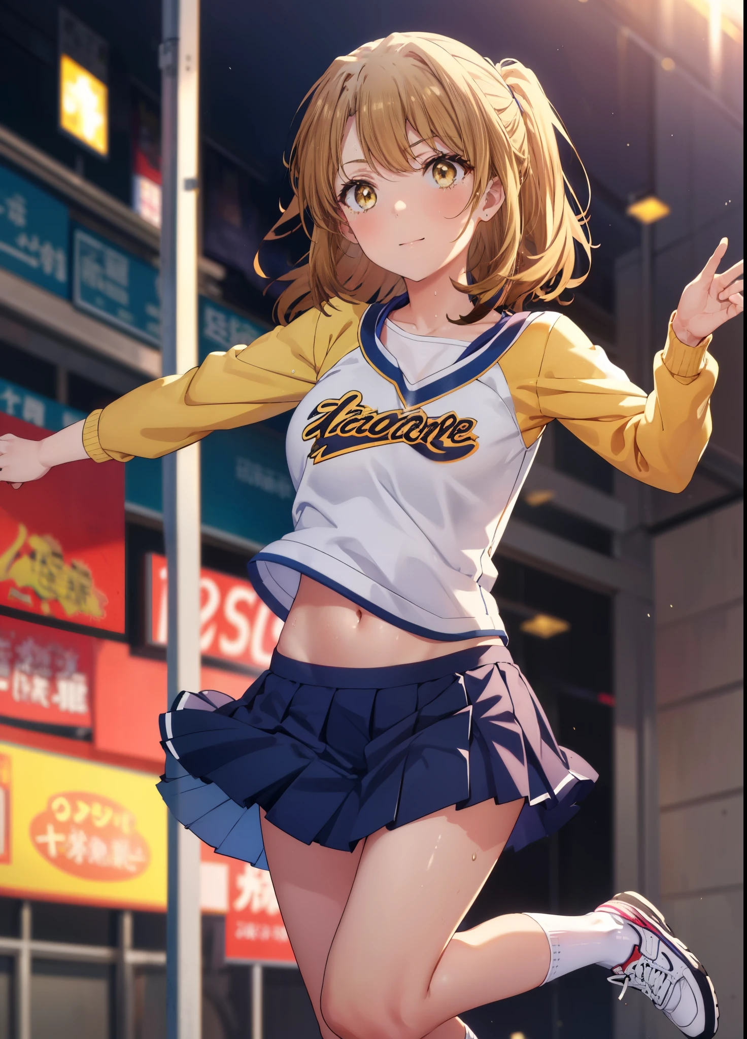irohaisshiki, Isshiki Iroha, long hair, ponytail,brown hair, (brown eyes:1.5), smile,close your mouth,(Very delicate eyes), (Cheerleader), (whole body), big breasts, lower, (sweaty), sweaty Wet Clothes, (yellow clothes), pleated skirt, striped socks,sneakers,navel support, playground, (jump), (jump), 足を曲げてjumpする,Cheerleader, pom pom \(Cheerleader\), break outdoor ,arena,運動場
break looking at viewer,
break (masterpiece:1.2), highest quality, High resolution, unity 8k wallpaper, (shape:0.8), (beautiful and detailed eyes:1.6), highly detailed face, perfect lighting, Very detailed CG, (perfect hands, perfect anatomy),