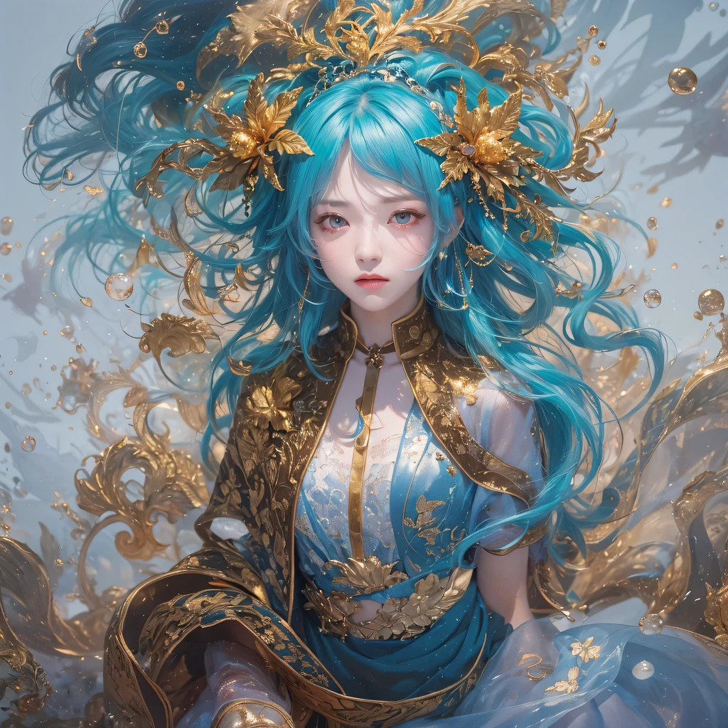 Yellow blue colors，enamel，agate，A flesh-colored world，Blood Blue Maiden 32k（masterpiece，HD，Aoyama Pond，Ultra high quality，32k）long flowing bright blue hair，blood pool，Ziddink， a color，Grumpy （After greeting）， （Linen scarf）， fighting stance， looking at the ground， long white hair， Floating bright blue， Fire cloud gold headdress， Chinese long-sleeved gold silk burgundy garment， （Abstract metaverse splash：1.2）， White background，Peony flower vitality protector（realistically：1.4），bright purple hair，Smoke on the road，The background is very pure， high resolution， detail， RAW photos， Sharp Re， Nikon D850 film photo by Jefferies Lee 4 Kodak Portra 400 camera F1.6 guns, colorful, Ultra-realistic and vivid textures, dramatic lighting, Unreal Engine Art Station Trend, Sinest 800，一个有着long flowing bright blue hair的女孩，huge colorful bubbles