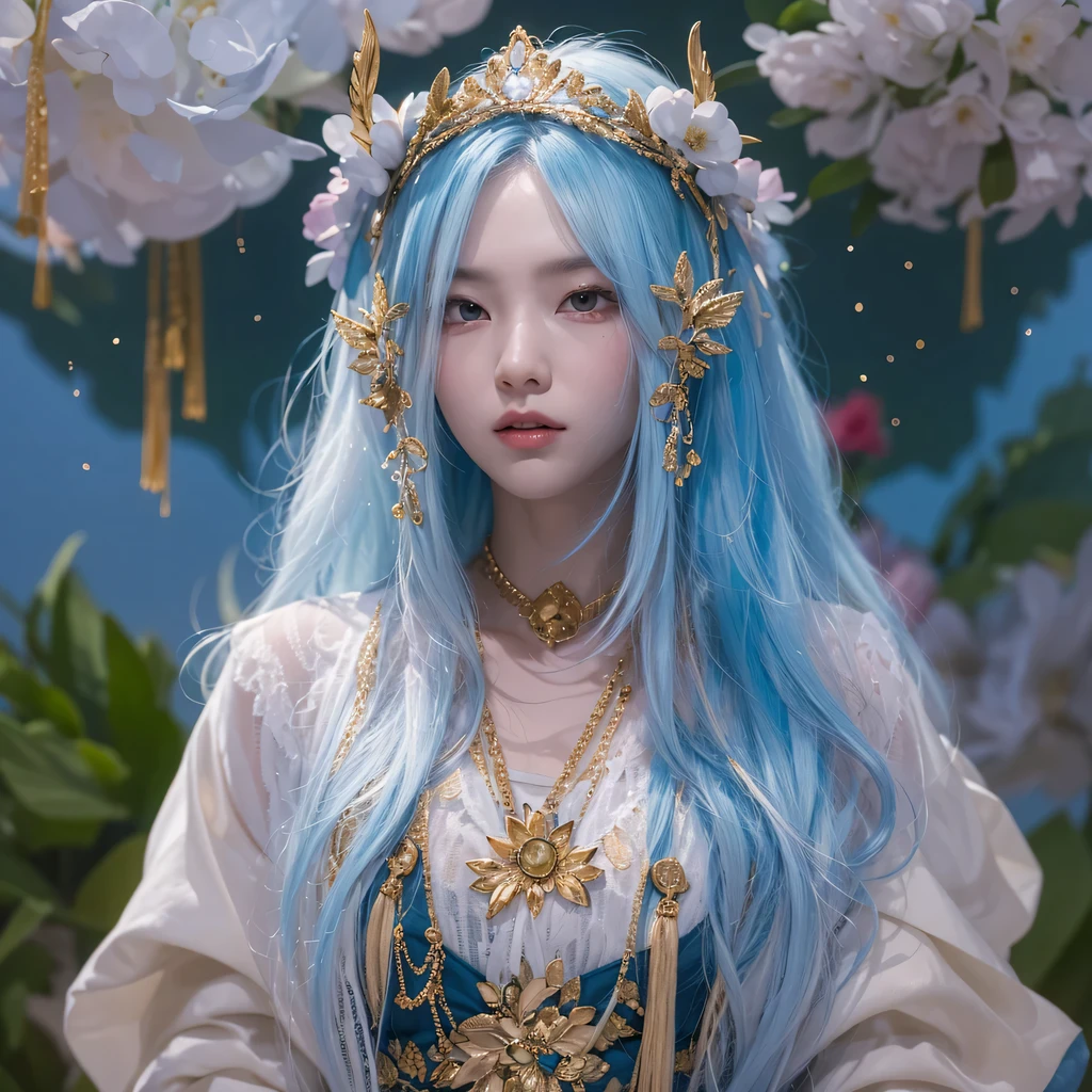 Yellow blue colors，enamel，agate，A flesh-colored world，Blood Blue Maiden 32k（masterpiece，HD，Aoyama Pond，Ultra high quality，32k）long flowing bright blue hair，blood pool，Ziddink， a color，Grumpy （After greeting）， （Linen scarf）， fighting stance， looking at the ground， long white hair， Floating bright blue， Fire cloud gold headdress， Chinese long-sleeved gold silk burgundy garment， （Abstract metaverse splash：1.2）， White background，Peony flower vitality protector（realistically：1.4），bright purple hair，Smoke on the road，The background is very pure， high resolution， detail， RAW photos， Sharp Re， Nikon D850 film photo by Jefferies Lee 4 Kodak Portra 400 camera F1.6 guns, colorful, Ultra-realistic and vivid textures, dramatic lighting, Unreal Engine Art Station Trend, Sinest 800，一个有着long flowing bright blue hair的女孩，huge colorful bubbles