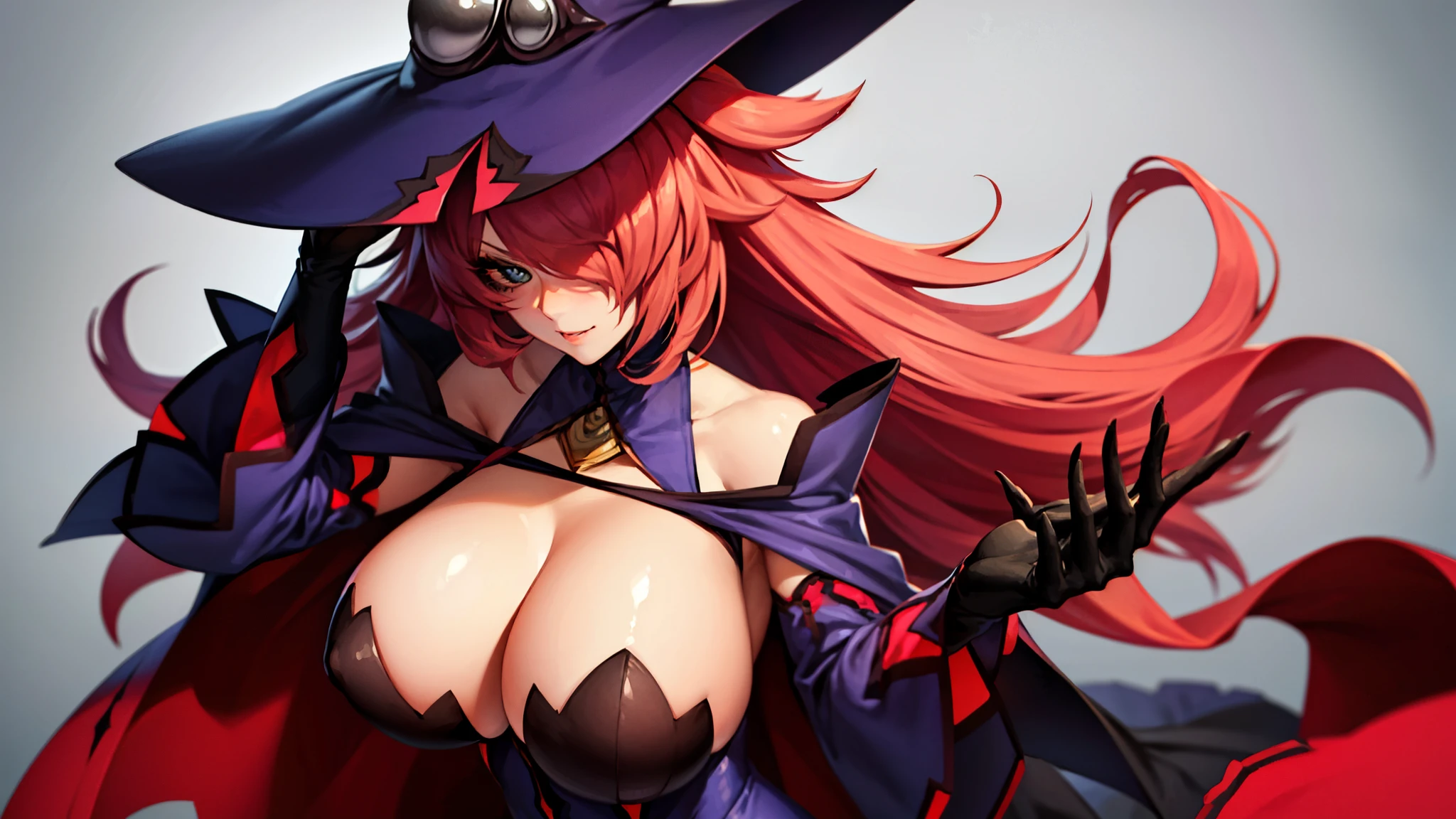 (masterpiece, best quality, high resolution), 1girl, solo, ninems, hat, witch hat, huge breasts, gloves, bare shoulders, cape, thighhighs, black legwear, ((stare at viewer with stern eyes,blushing,happy)), blue eyes,Watch the Viewer