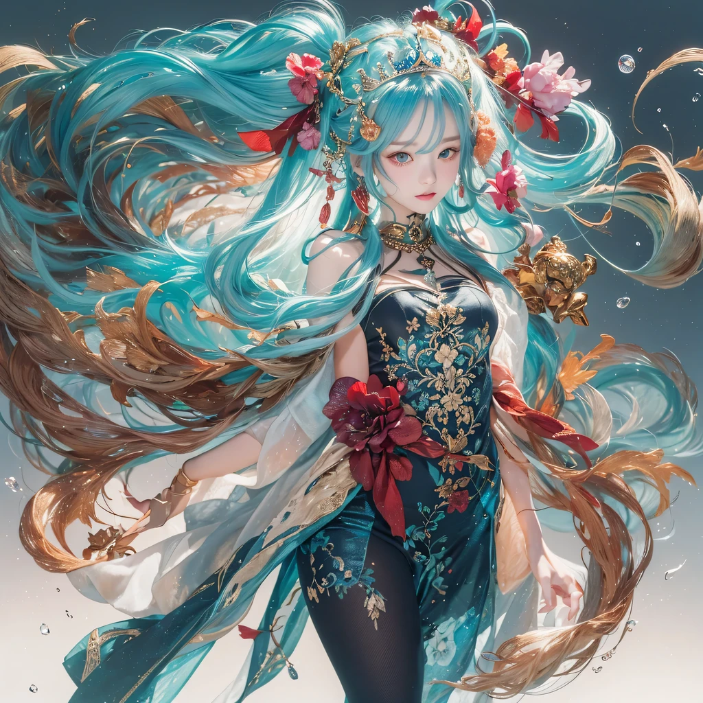 Yellow blue colors,enamel,agate,A flesh-colored world,Blood Blue Maiden 32k(masterpiece,HD,Aoyama Pond,Ultra high quality,32k)long flowing bright blue hair,blood pool,Ziddink, a color,Grumpy (After greeting), (Linen scarf), fighting stance, looking at the ground, long white hair, Floating bright blue, Fire cloud gold headdress, Chinese long-sleeved gold silk burgundy garment, (Abstract metaverse splash:1.2), White background,Peony flower vitality protector(realistically:1.4),bright purple hair,Smoke on the road,The background is very pure, high resolution, detail, RAW photos, Sharp Re, Nikon D850 film photo by Jefferies Lee 4 Kodak Portra 400 camera F1.6 guns, colorful, Ultra-realistic and vivid textures, dramatic lighting, Unreal Engine Art Station Trend, Sinest 800,一个有着long flowing bright blue hair的女孩,huge colorful bubbles