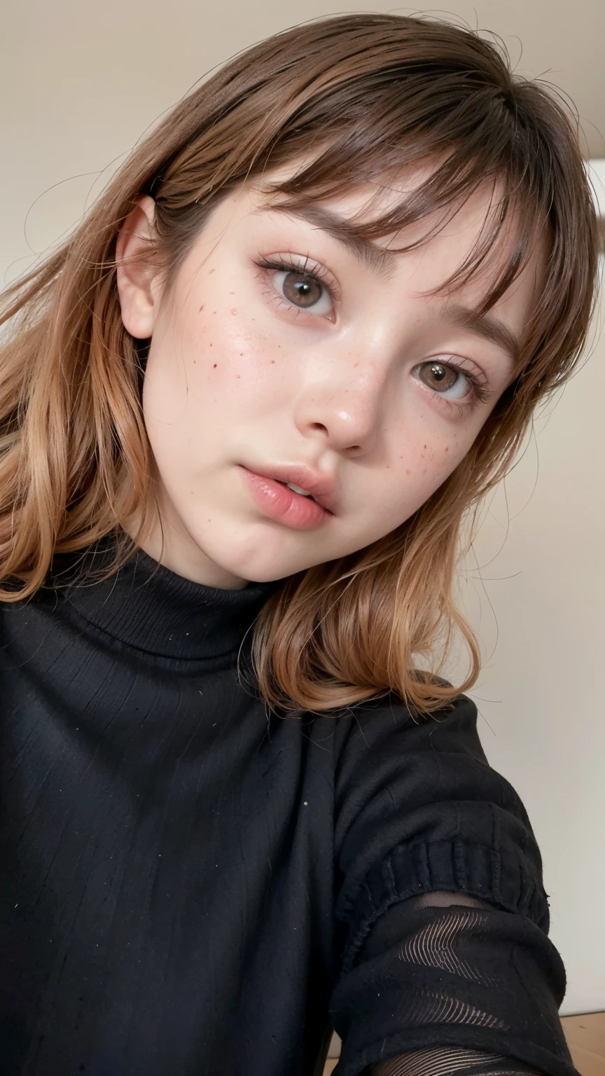 Hay una mujer con el pelo rojo y un top negro, 🤤 girl portrait, labios rojos tenues, faint smile dark lipstick, small pieces, rosy cheeks con pecas, pecas suaves, con pecas, taken in the early 2020s, pecas claras, Retrato realista kawaii, solo portrait 🎨🖌️, pecas blancas, lindas pecas