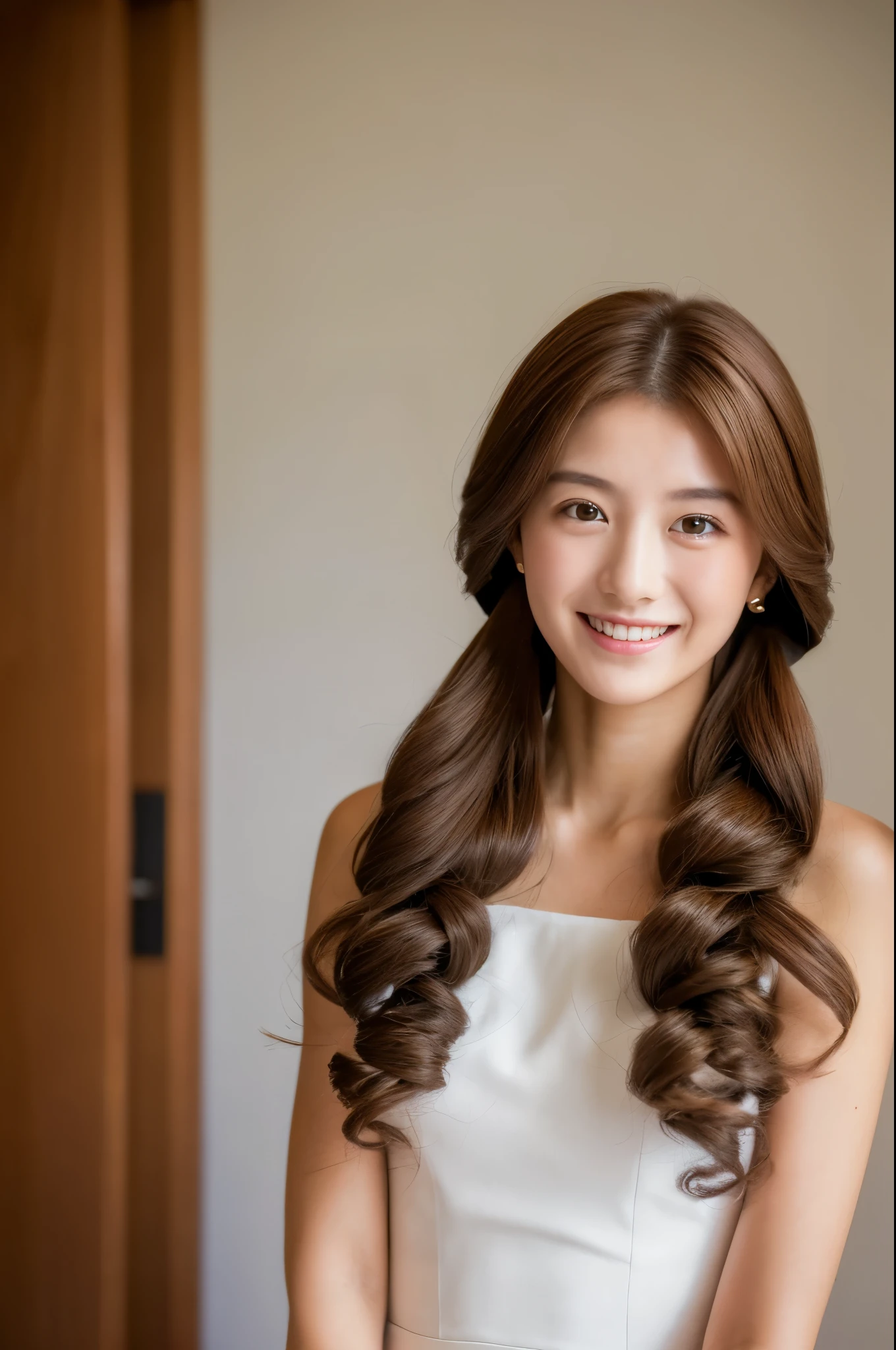 ((top-quality, 8K, masterpiece:1.3)), Beautiful 20 year old girl with perfect body shape, J-pop Idol Face, Slim Abs Beauty:1.3, (Hairstyles Brown Hair Shortcuts), dress:1.1, Super fine face, Delicate eyes, A smile with shame, Raw photo