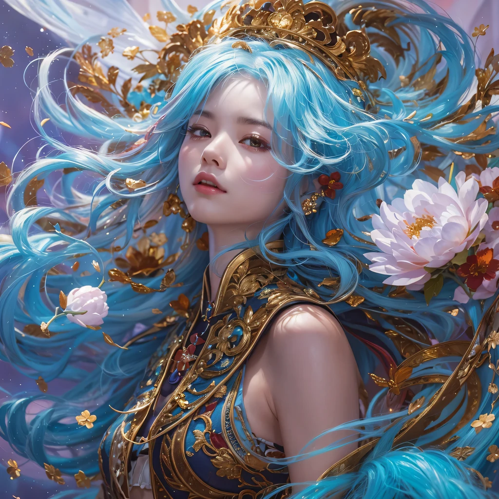 Yellow blue colors，enamel，agate，A flesh-colored world，Blood Blue Maiden 32k（masterpiece，HD，Aoyama Pond，Ultra high quality，32k）long flowing bright blue hair，blood pool，Ziddink， a color，Grumpy （After greeting）， （Linen scarf）， fighting stance， looking at the ground， long white hair， Floating bright blue， Fire cloud gold headdress， Chinese long-sleeved gold silk burgundy garment， （Abstract metaverse splash：1.2）， White background，Peony flower vitality protector（realistically：1.4），bright purple hair，Smoke on the road，The background is very pure， high resolution， detail， RAW photos， Sharp Re， Nikon D850 film photo by Jefferies Lee 4 Kodak Portra 400 camera F1.6 guns, colorful, Ultra-realistic and vivid textures, dramatic lighting, Unreal Engine Art Station Trend, Sinest 800，一个有着long flowing bright blue hair的女孩，huge colorful bubbles