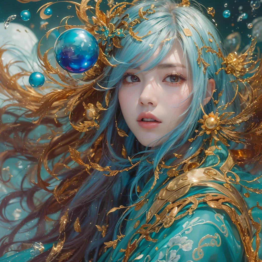 Yellow blue colors,enamel,agate,A flesh-colored world,Blood Blue Maiden 32k(masterpiece,HD,Aoyama Pond,Ultra high quality,32k)long flowing bright blue hair,blood pool,Ziddink, a color,Grumpy (After greeting), (Linen scarf), fighting stance, looking at the ground, long white hair, Floating bright blue, Fire cloud gold headdress, Chinese long-sleeved gold silk burgundy garment, (Abstract metaverse splash:1.2), White background,Peony flower vitality protector(realistically:1.4),bright purple hair,Smoke on the road,The background is very pure, high resolution, detail, RAW photos, Sharp Re, Nikon D850 film photo by Jefferies Lee 4 Kodak Portra 400 camera F1.6 guns, colorful, Ultra-realistic and vivid textures, dramatic lighting, Unreal Engine Art Station Trend, Sinest 800,一个有着long flowing bright blue hair的女孩,huge colorful bubbles