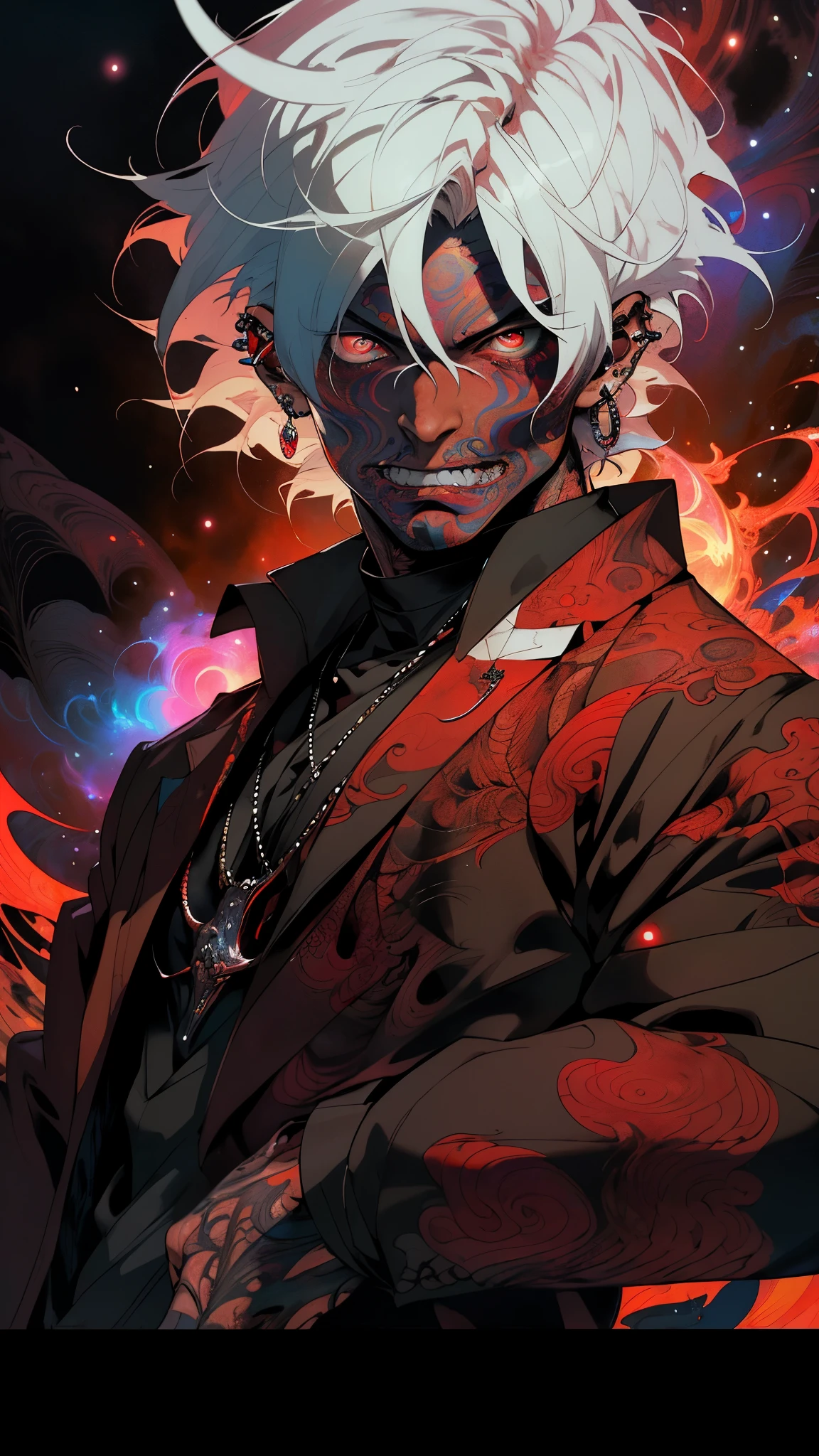 Realistic, (Masterpiece, Top Quality, Best Quality, Official Art, Beauty and Aesthetics, atmospheric, cosmic, gothic, psychedelic, dreamlike, horror, in the style of tokyo ghoul and devil may cry: 1.2), Very Detailed, Fractal Art, Colorful, Most Detailed, Zentangle, (Abstract Background: 1.5) (1boy: 1.3), demon ghoul, oni horns, long White Hair, Hair, (Glowing Red Eyes, tons oftattoos and piercings), Mysterious, (dark Magic), Handsome Man, japanese folklore Style