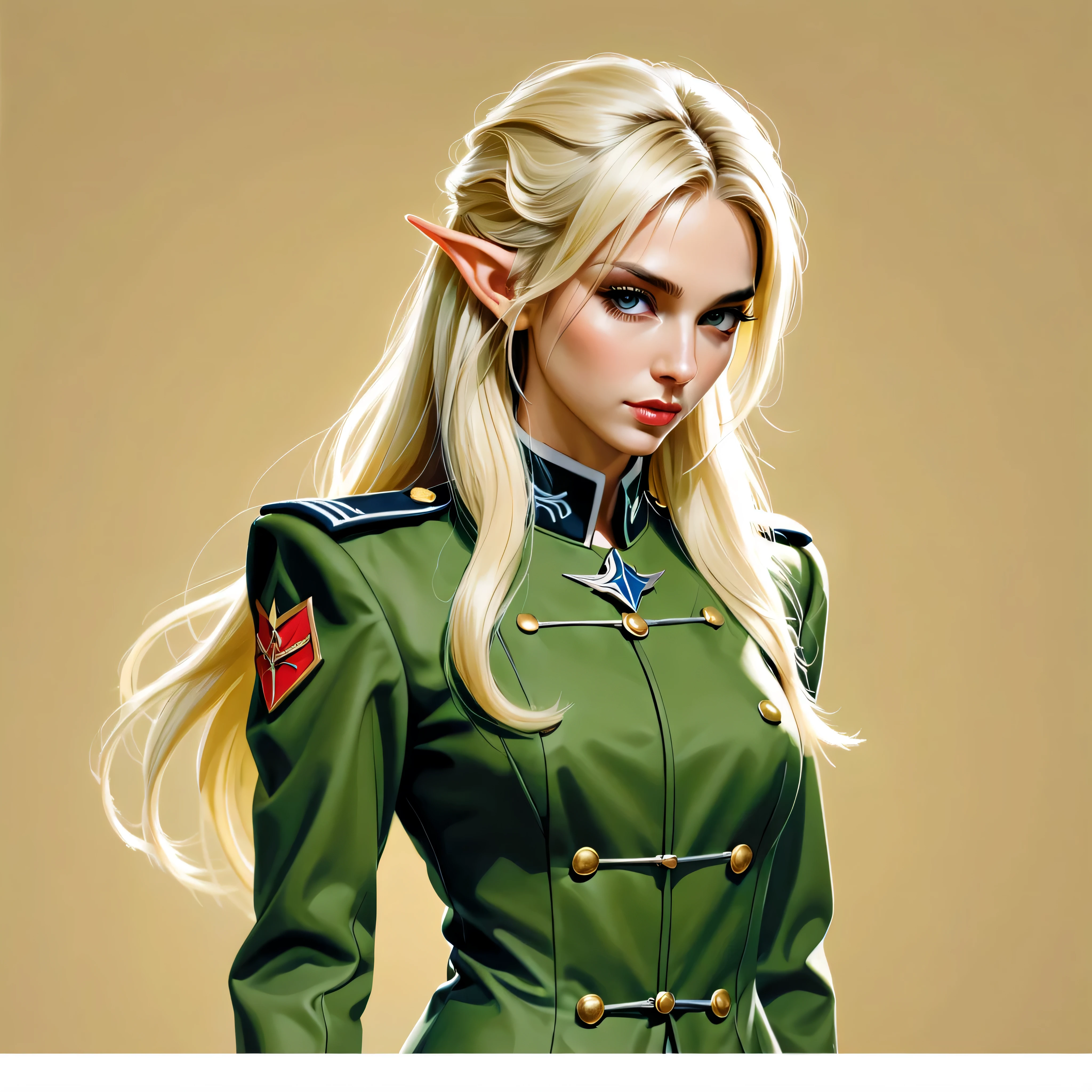 ((full body):1.2), smooth lines; Express expressions and postures through ink contrast, The background is a simple military barrack. emphasize light, shadow and space. Drawing of Exotic High Elven Beauty. Bright Blonde hair, (Messy Wavey hairstyle), ((fresh)), ((elven ears)), golden ratio face, perfect face, (attractive body), (fashion model body), wearing modern military uniform, ((uniform cap)), fine art piece, figurative art, Dress neatly. sexy painting, Wallop | (best quality, 4K, 8k, high resolution,masterpiece:1.2), Super detailed,(actual, photoactual, photo-actual:1.37).