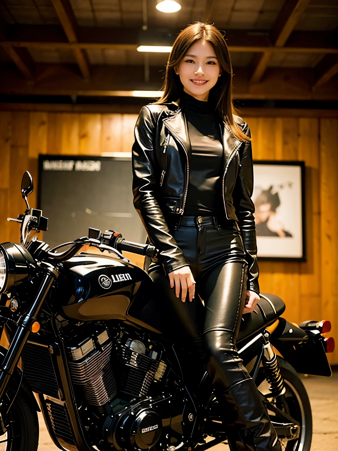 ((best quality)), ((masterpiece)), ((perfect face))、(detailed full cowl motorcycle)、Detailed and clear photos、((bike girls))、((slender body))、((Long sleeve riding jacket and leather pants))、smile、((posing next to a motorcycle))、(Racing Boots)