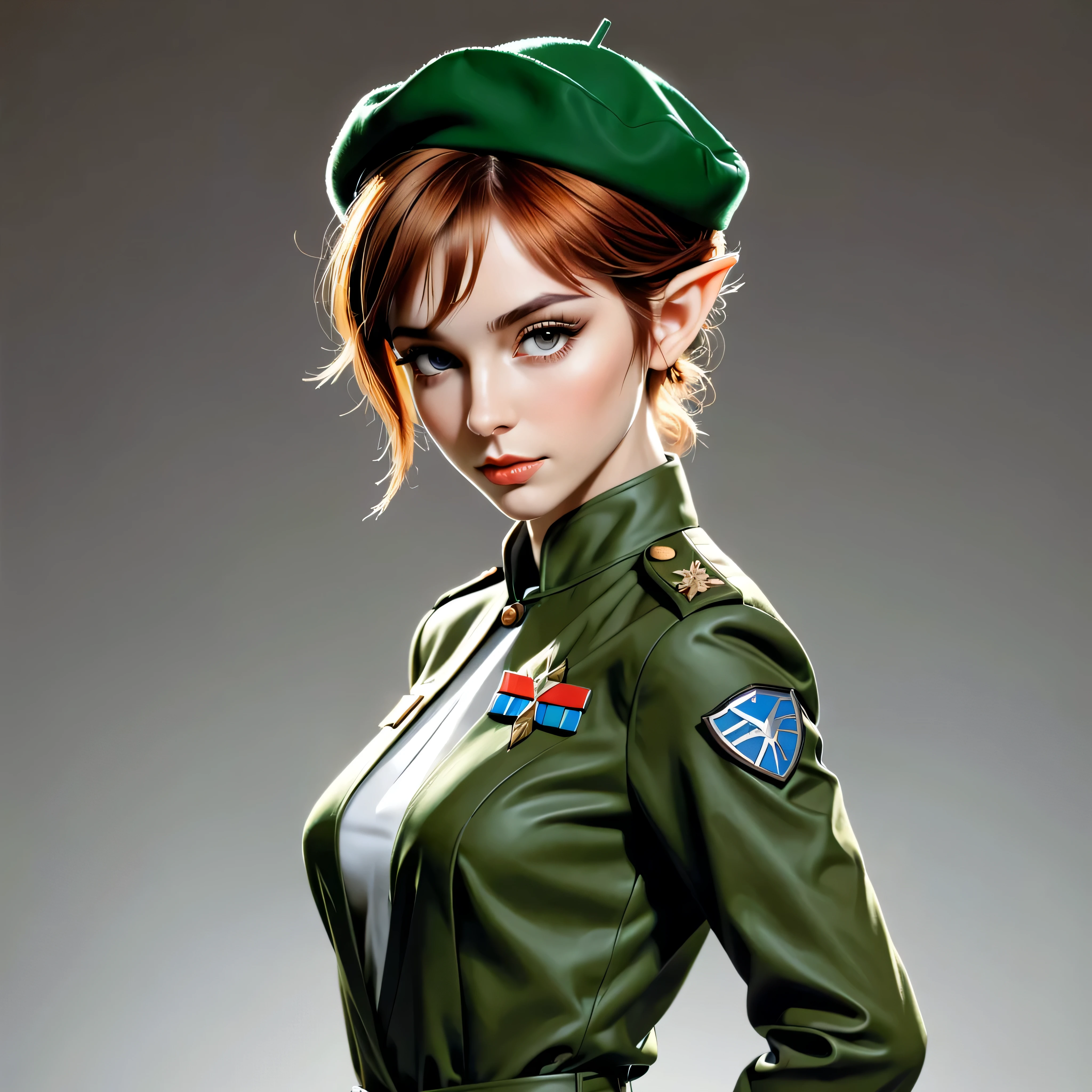 ((full body):1.2), smooth lines; Express expressions and postures through ink contrast, The background is a simple military barrack. emphasize light, shadow and space. Drawing of Exotic Wood Elven Beauty. Bright Auburn hair, (pixie hairstyle), ((fresh)), ((elven ears)), golden ratio face, perfect face, (attractive body), (fashion model body), wearing special force uniform, ((military beret)), fine art piece, figurative art, Dress neatly. sexy painting, Wallop | (best quality, 4K, 8k, high resolution,masterpiece:1.2), Super detailed,(actual, photoactual, photo-actual:1.37).