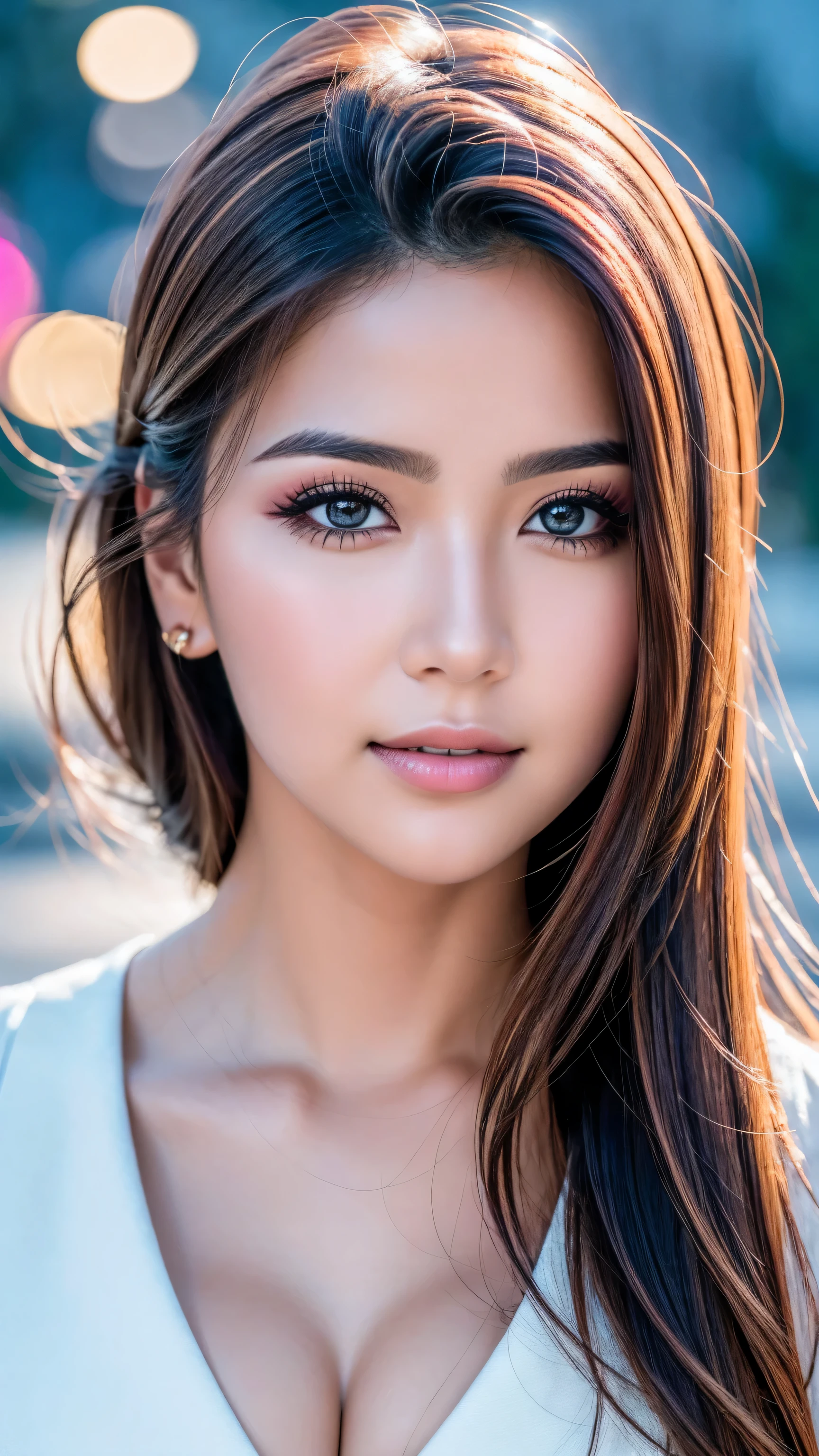 (ultra-detailed primetime portraits)、 ((Ultra-realistic最high quality)), ((The ultra -The high-definition))、 (photo realistic:1.7), (realistic:1.7), (increase cinematic lighting quality:0.2), 16K, 32K, (1girl:1.3) 20years old、fashion supermodel、realistic lighting, light on face, (Super beautiful body)、(beautiful, detailed face:1.5)、(detailed eyes:1.45)、(detailed lips:1.35)、(Detailed nose:1.25)、(Increase quality), (best quality real texture skin), (finely detailed eyes), ((eye with a digital rendering)), (finely quality eyes), ((random expressions))、((firm full breasts:1.4)), ((Use any technique, any style, any outfit, (((rich evening style:1.5))), choose the color of your eyes, hair and even hairstyles)), ((I encourage you to choose the right background for your phenomenally drawn creation))、 (Use any technique, any style, even choose eyes color, ((hair different color than eyes))、 dynamic random fancy hairstyle)、(Glamour, paparazzi taking pictures of her)、 contrast、 (dark shot:1.22)、 Long 2blue_eyelashes:1.25、 (dark_eyeshadows:1.3)、 red_lipstick:1.35、((perfect round eyes))、 (dark_pink_makeup:1.24)、(matte skin:1.3)、 ((upper body shot)), ((close-up))
