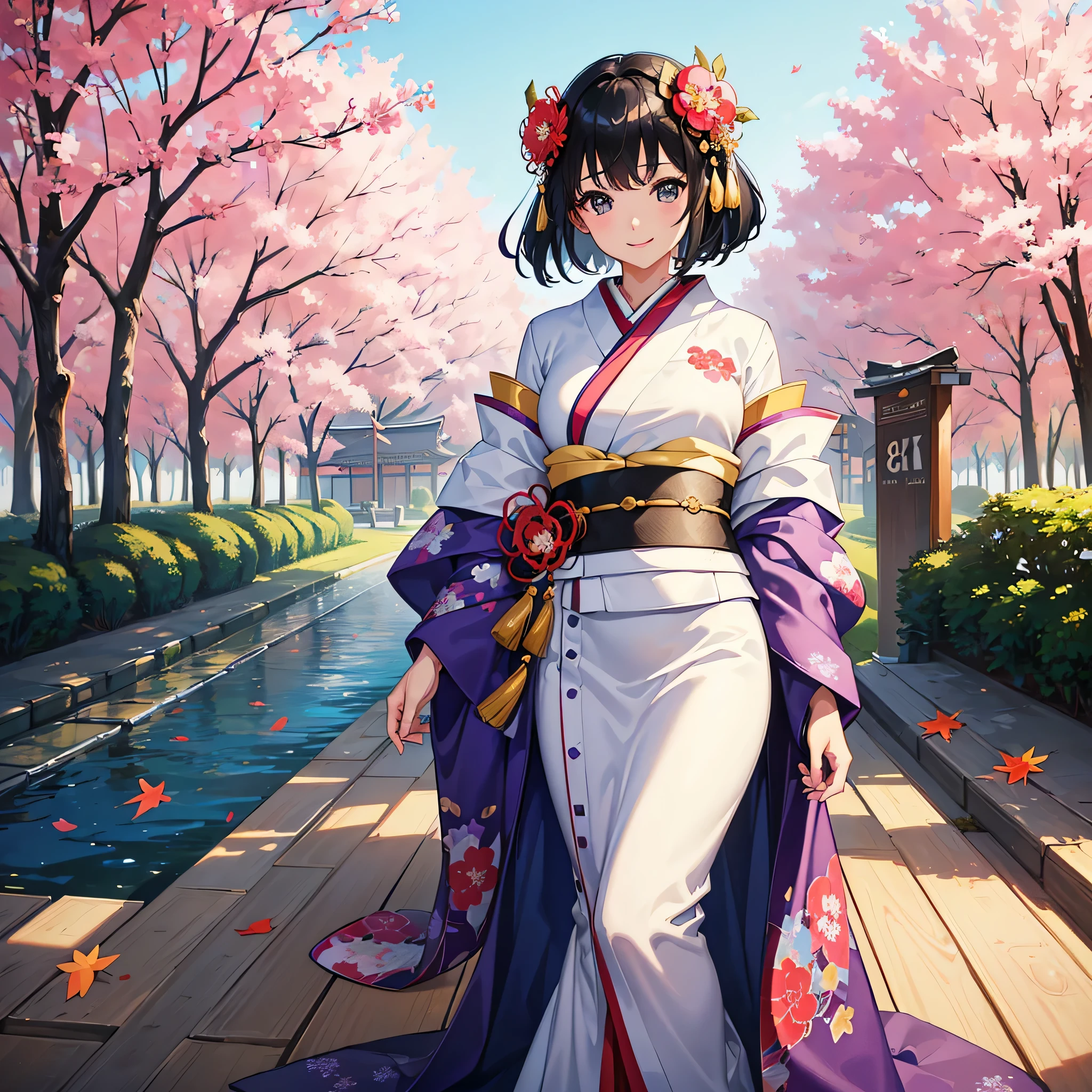(Super beautiful woman in kimono)、((highest quality、8K masterpiece:1.3))、sharp focus:1.2、(super beautiful face:1.0)、(shiny skin:1.0)、realistic pictures、black haired、video writing、High resolution eyes and face、video writing、japanese actress、from the front、Medium chest、with a happy smile、wearing a kimono、under the autumn leaves、highest grade obi