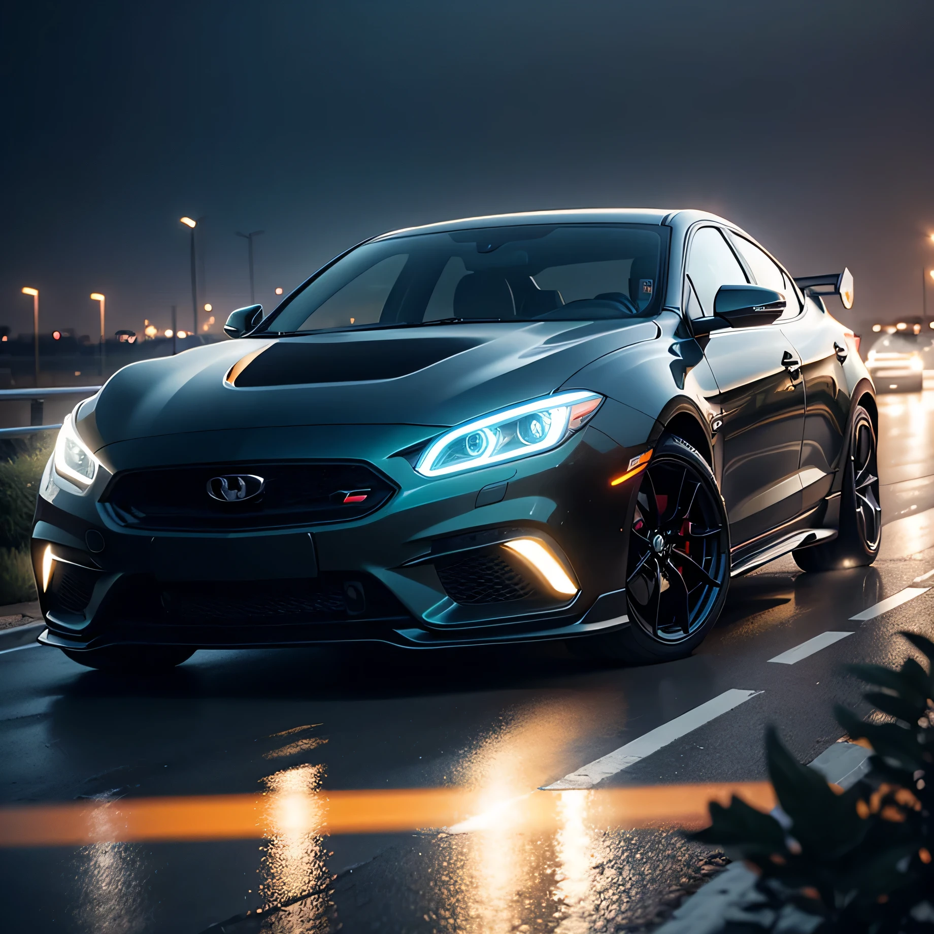 car摄影会议在深夜展开, A stylish vehicle stands against a dark background. car, Bask in cinematic lighting, Featuring intricate details and high-definition UHD surfaces. The wide-angle long lens shows every curve and line of the vehicle's appearance, 而般的正面镜头则强调了car前灯的强大光束效果. Neon lights flashing in the distance, Casting a surreal drum headlight pattern on the body. The image shines with a sense of technology and innovation, It’s as if the vehicle is on a mission to explore new frontiers, Wide angle lenses give a surreal and otherworldly feel. in some photos