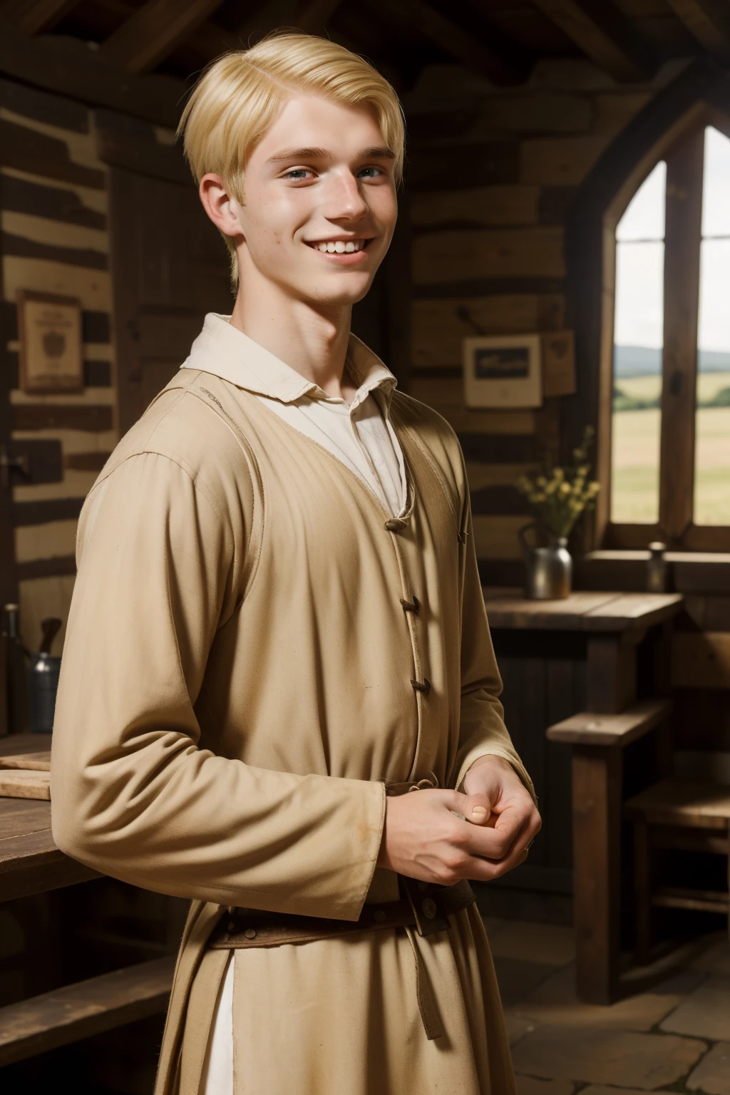 England, 1337. A young ((((22-year-old)) Philemon)), rustic, freckles all over his face, skinny, sweeping the floors, ((wicked smile)). ((((clothings from the 1300s)))), ((blond hairstyle of the 1300s))