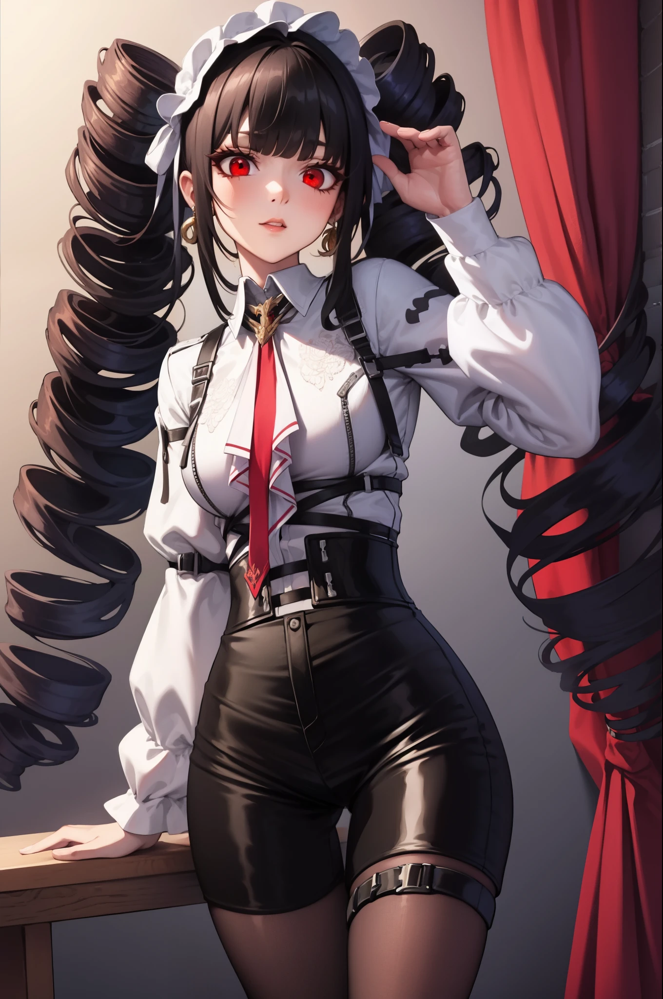 white shirt, pantyhose, thigh strap, celestia ludenberg, black hair, bonnet, (drill hair:1.2), earrings, long hair, (red eyes:1.5), (twin drills:1.2), Background school classroom