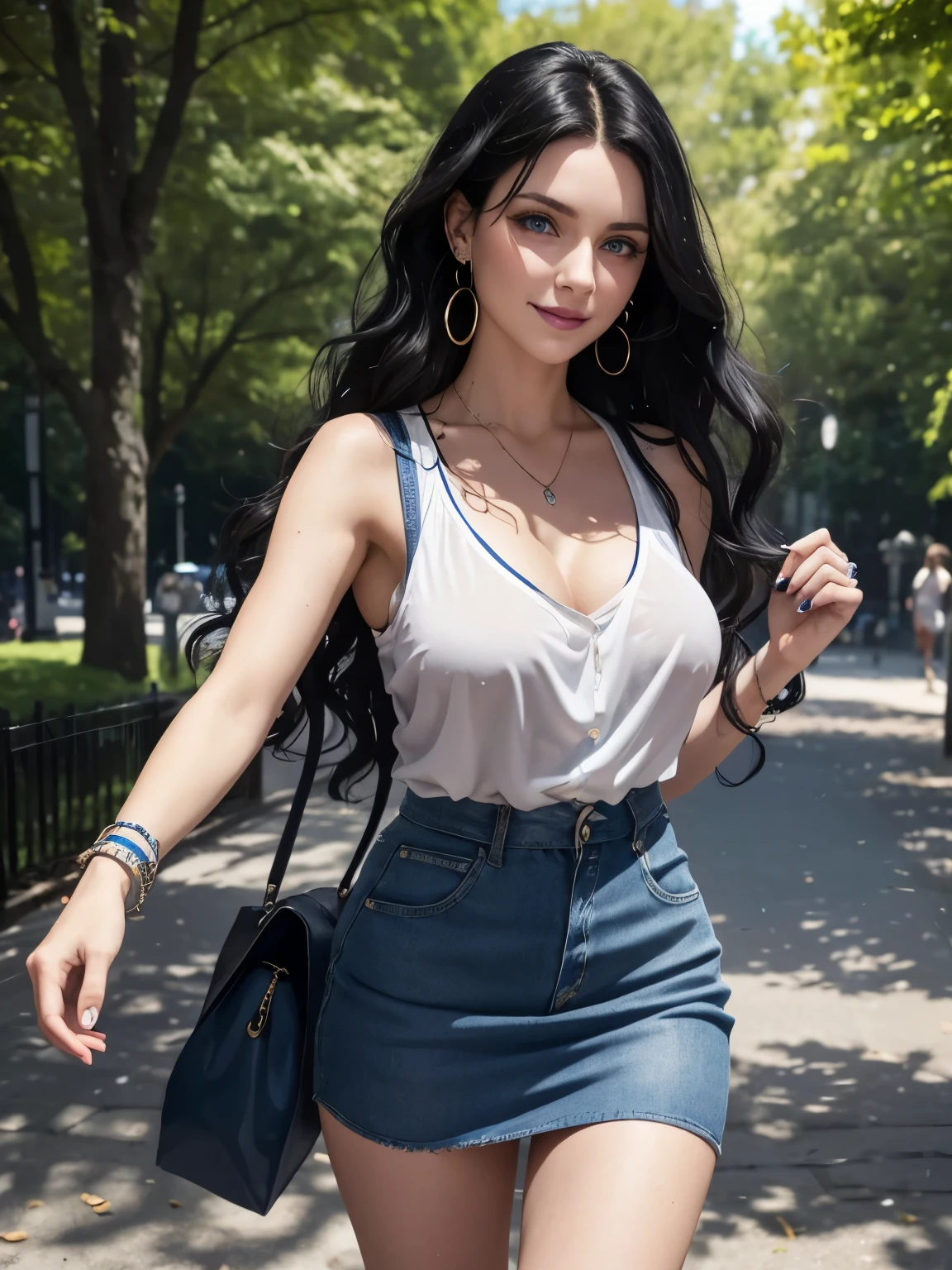 Caucasian woman, blue-black hair, wavy hair, long hair, blue eyes, lined eyes, highlights blue eyes, blue lipstick, smile, earrings, bracelets, athletic body, medium breasts, nipples, casual blouse, miniskirt, in the park, walking a dog, on its back, buttocks, taken from behind.