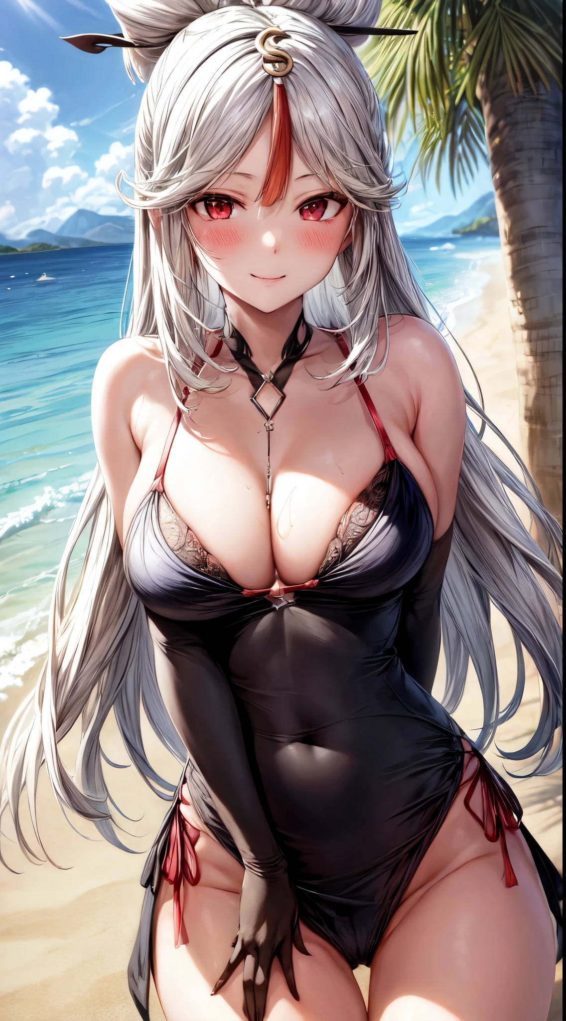 anime, beautiful face, highly detailed face, 2 accurate legs, red detailed eyes, highly detailed beach background, perfect lighting, best body lighting, 1girl, solo, ningguang, genshin impact, outdoors, (beautiful light white hair:1.2), absurdres, high res, ultrasharp, 8K, masterpiece, naked legs, looking at viewer, teasing smile, blushing, hair ornament, BREAK (detailed sexy beach bikini:1.2), all intricate lace, (spreading legs:1.3), (extremely close up:1.3), (hands on chest:1.1)