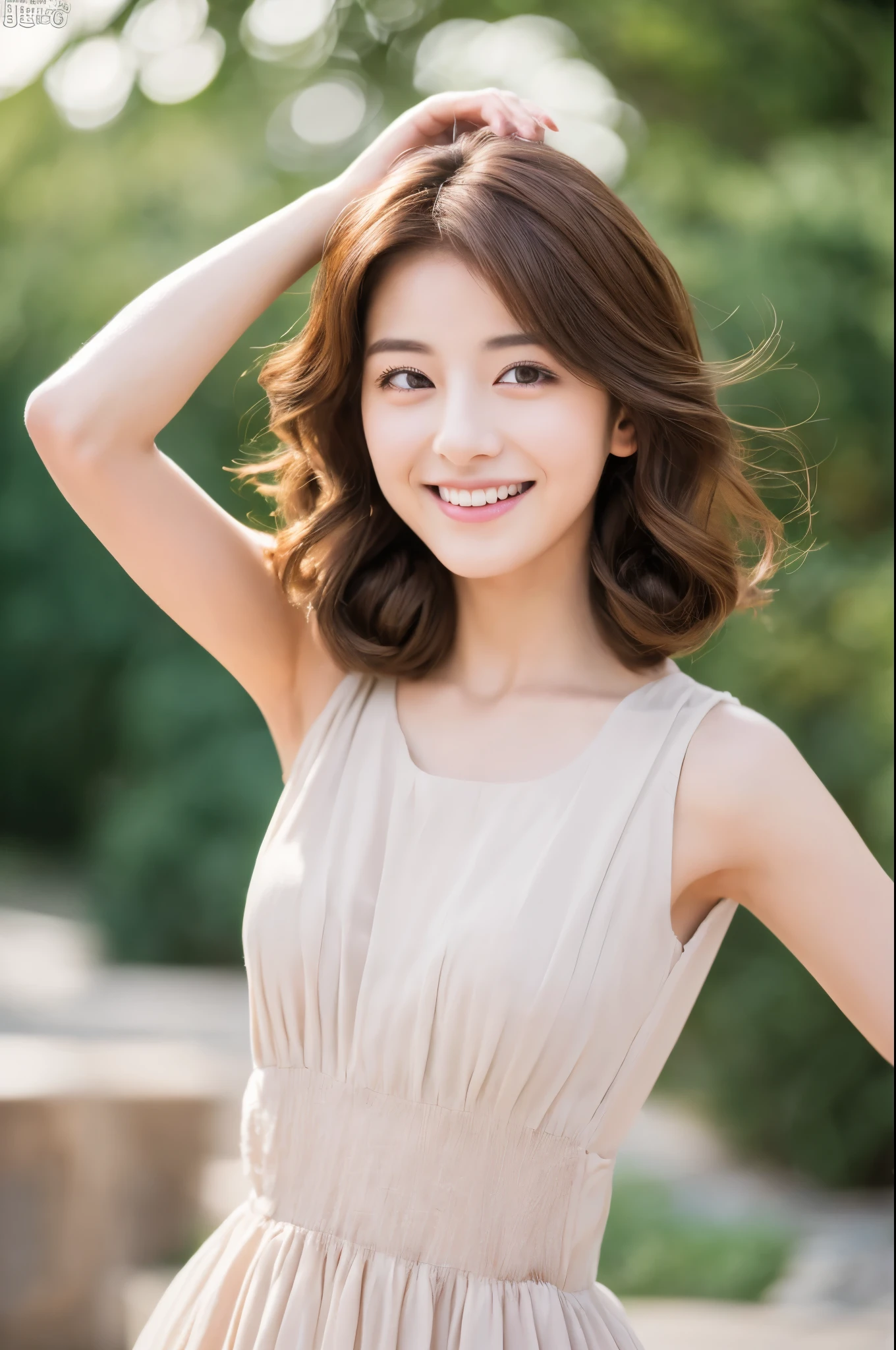 ((top-quality, 8K, masterpiece:1.3)), Beautiful 20 year old girl with perfect body shape, J-pop Idol Face, Slim Abs Beauty:1.3, (Hairstyles Brown Hair Shortcuts), dress:1.1, Super fine face, Delicate eyes, A smile with shame, Raw photo