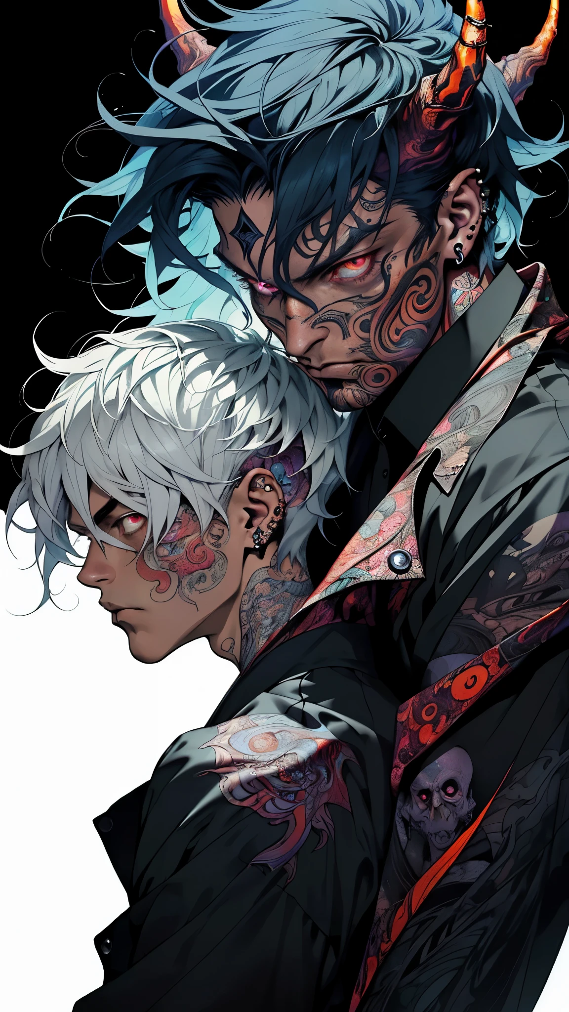 Realistic, (Masterpiece, Top Quality, Best Quality, Official Art, Beauty and Aesthetics, atmospheric, cosmic, gothic, psychedelic, dreamlike, horror, in the style of devil may cry: 1.2), Very Detailed, Fractal Art, Colorful, Most Detailed, Zentangle, (Abstract Background: 1.5) (1boy: 1.3), demon ghoul, oni horns, long White Hair, Hair, (Glowing Red Eyes, tons oftattoos and piercings), Mysterious, (dark Magic), Handsome Man, japanese folklore Style