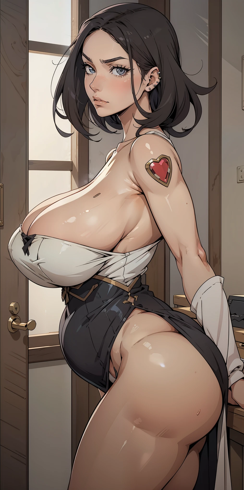A fierce and independent woman (anime waifu) with short black hair and piercing eyes, who lives a life of adventure, healed body, large breasts, plump butt