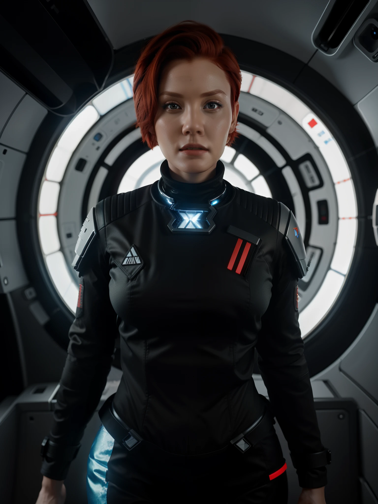 Full length shot of a woman with short red hair wearing N7Armor in space, Cute face, wallpaper, difficult, sharp focus, ray tracing, RTH, professional color correction, Professional photography, Masterpiece, ultra detailed, high quality, Best quality, 4k, 8K, RAW 