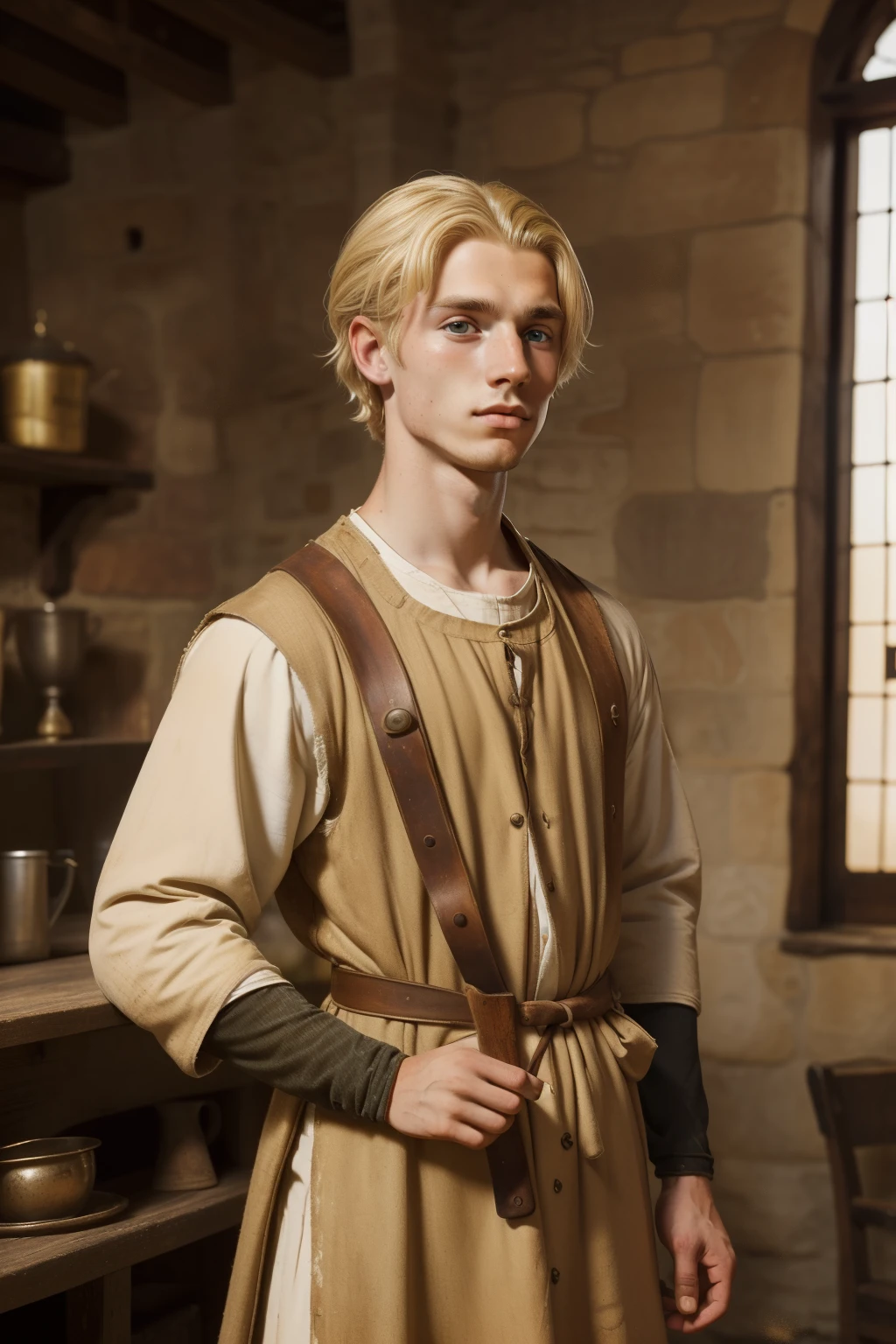 England, 1337. A young ((((22-year-old)) Philemon)), rustic, freckles all over his face, very thin, mopping the floors, ((wicked expression)). ((((clothings from the 1300s)))), ((blond hairstyle of the 1300s))