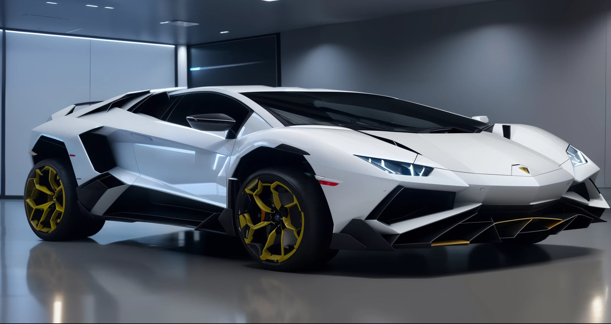 a close up of a white lamborgon with yellow wheels, bold lamborghini style, lamborghini, lamborghini aventador photoshoot, futuristic product car shot, supercar, cinematic front shot, sports car in the room, cybertruck, very futuristic, super car, trending on vehicle design, sportcar, intense look, stunning high tech, full view of a sport car, futuristic car
