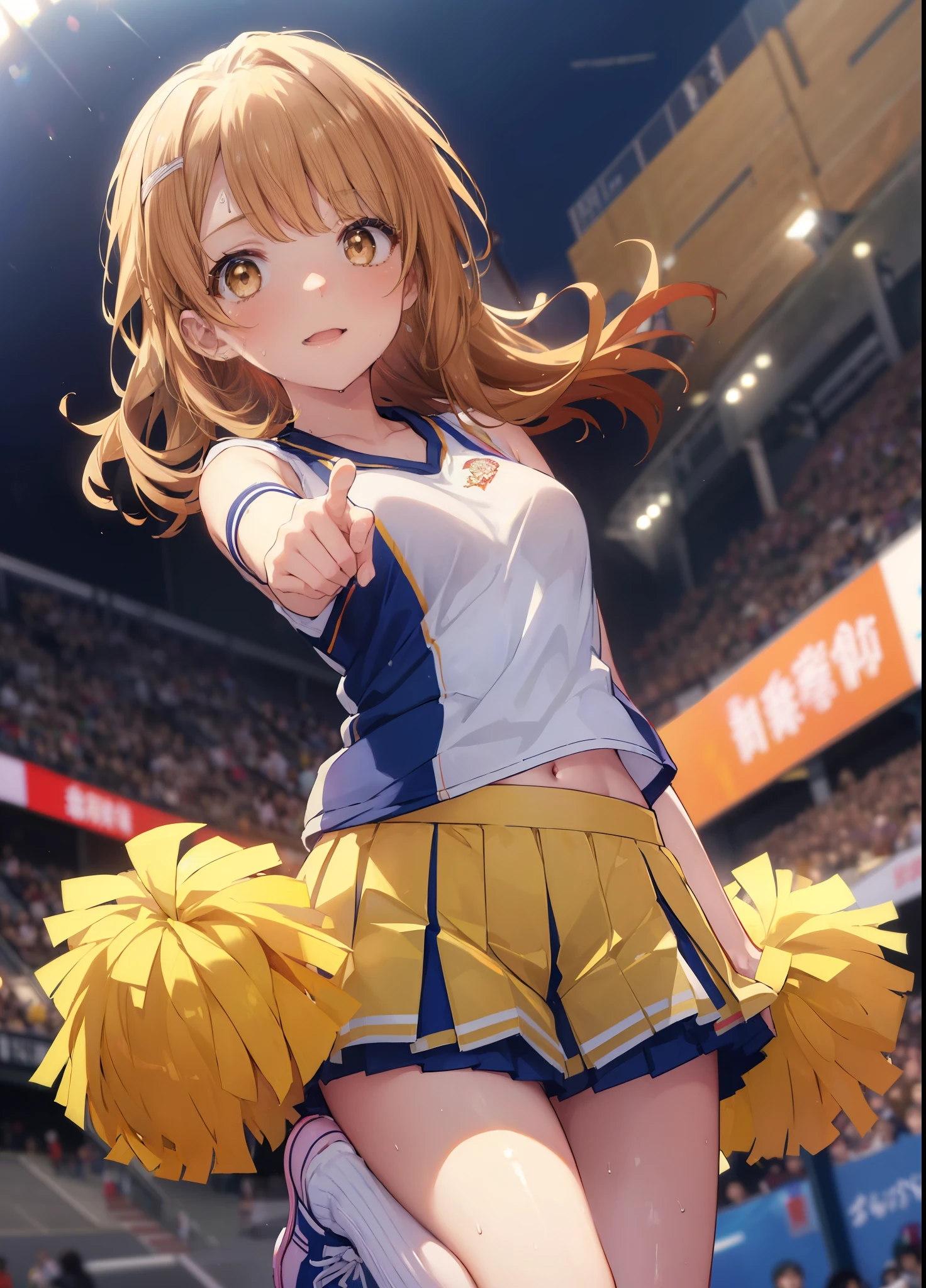 irohaisshiki, Isshiki Iroha, long hair, ponytail,brown hair, (brown eyes:1.5), smile,open your mouth,pom pomを両手に持っている,(Very delicate eyes), (Cheerleader), (whole body), big breasts, lower, (sweaty), sweaty Wet Clothes, (yellow clothes), pleated skirt, striped socks,sneakers,navel support, playground, (jump), (jump), 足を曲げてjumpする,Cheerleader, pom pom \(Cheerleader\), 　break outdoor ,arena,運動場
break looking at viewer,
break (masterpiece:1.2), highest quality, High resolution, unity 8k wallpaper, (shape:0.8), (beautiful and detailed eyes:1.6), highly detailed face, perfect lighting, Very detailed CG, (perfect hands, perfect anatomy),