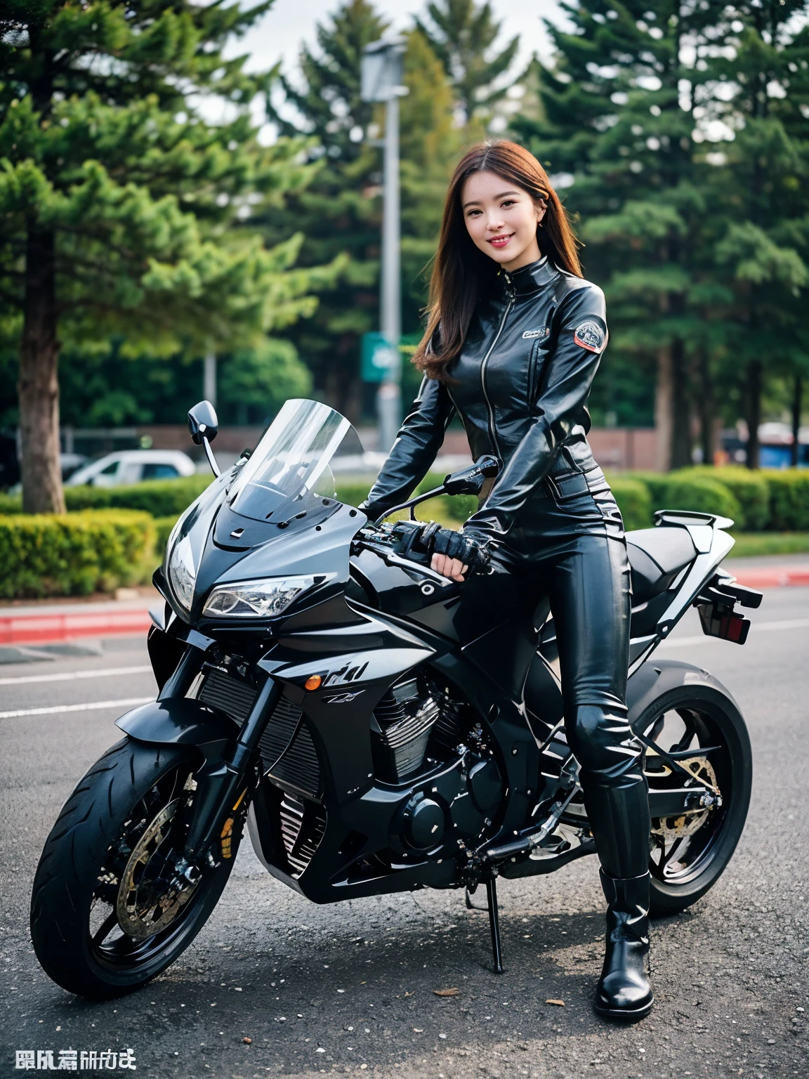 ((best quality)), ((masterpiece)), ((perfect face))、(detailed full cowl motorcycle)、Detailed and clear photos、((bike girls))、((slender body))、((Long sleeve riding jacket and leather pants))、smile、((posing next to a motorcycle))、(Racing Boots)