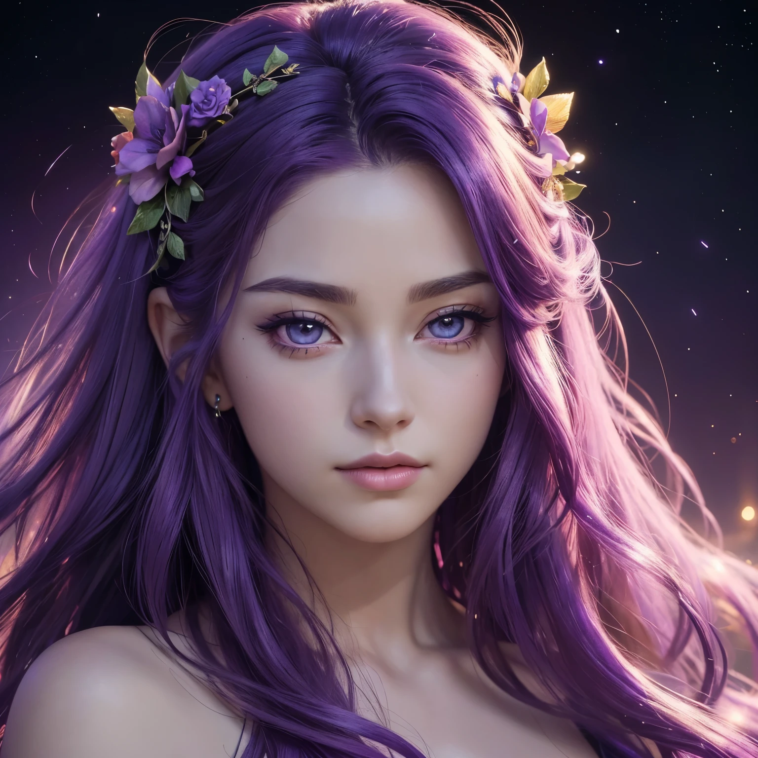 A woman with purple hair and flowers in her hair - SeaArt AI