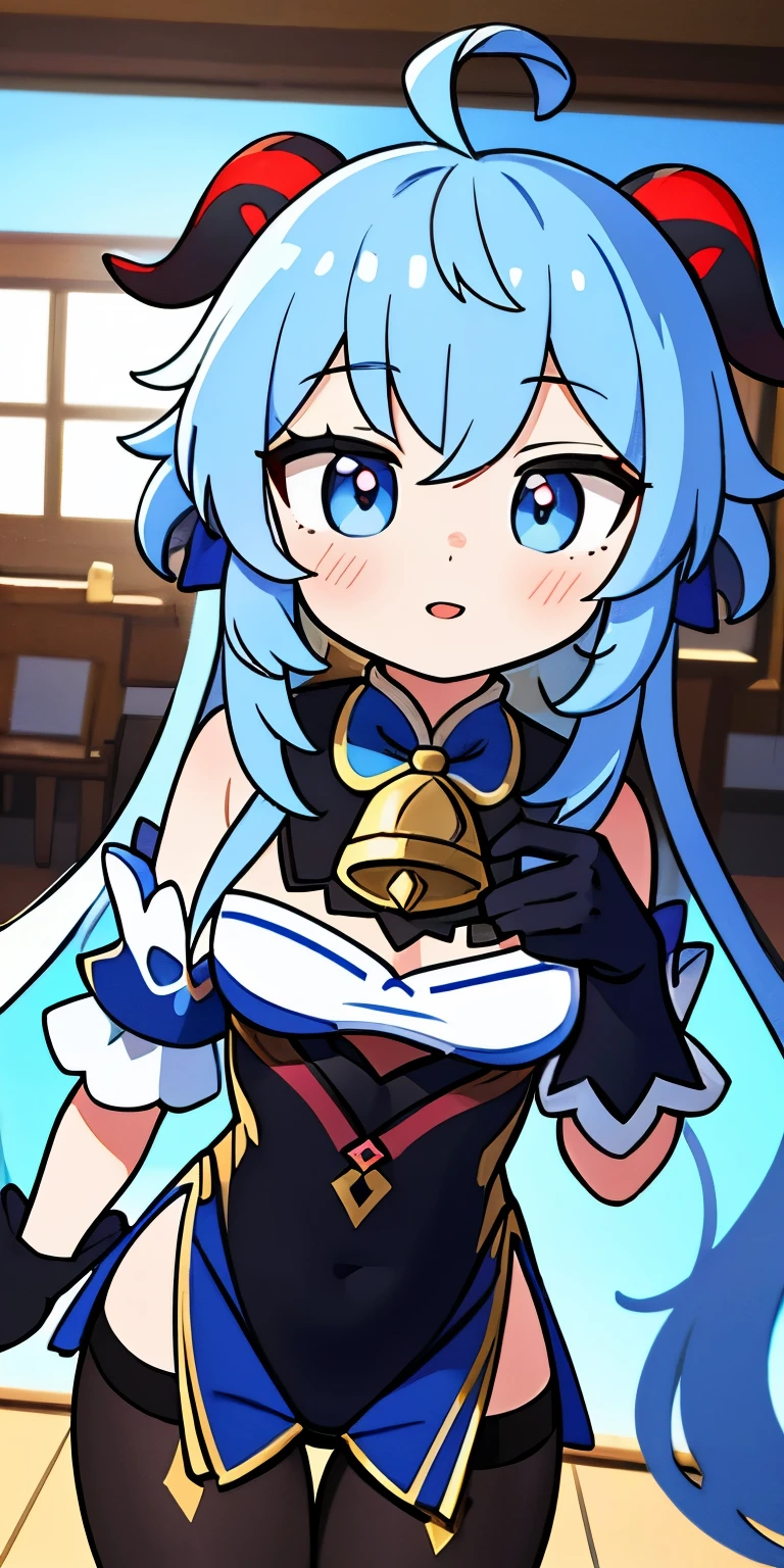 (photorealistic:1.4), (masterpiece, sidelighting, finely detailed beautiful eyes: 1.2), masterpiece*portrait, realistic, 3d face,
ganyu \(genshin impact\), 1girl, ahoge, architecture, bangs, bare shoulders, bell, black gloves, black pantyhose, (blue hair), blush, breasts, chinese knot, detached sleeves, flower knot, gloves, horns, long hair, looking at viewer, medium breasts, neck bell