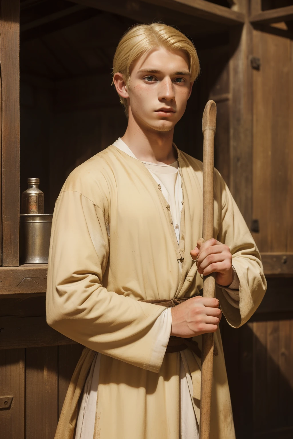 England, 1337. A young ((((22-year-old)) Philemon)), rustic, freckles all over his face, very thin, mopping the floors, ((wicked expression)). ((((clothings from the 1300s)))), ((blond hairstyle of the 1300s))