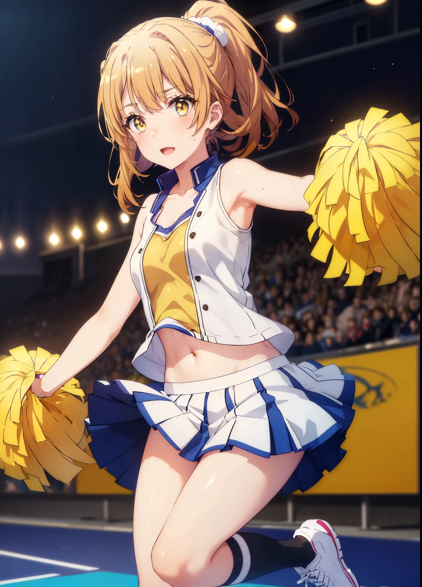 irohaisshiki, Isshiki Iroha, long hair, ponytail,brown hair, (brown eyes:1.5), smile,open your mouth,pom pomを両手に持っている,(Very delicate eyes), (Cheerleader), (whole body), big breasts, lower, (sweaty), sweaty Wet Clothes, (yellow clothes), pleated skirt, striped socks,sneakers,navel support, playground, (jump), (jump), 足を曲げてjumpする,Cheerleader, pom pom \(Cheerleader\), 　break outdoor ,arena,運動場
break looking at viewer,
break (masterpiece:1.2), highest quality, High resolution, unity 8k wallpaper, (shape:0.8), (beautiful and detailed eyes:1.6), highly detailed face, perfect lighting, Very detailed CG, (perfect hands, perfect ???????),
