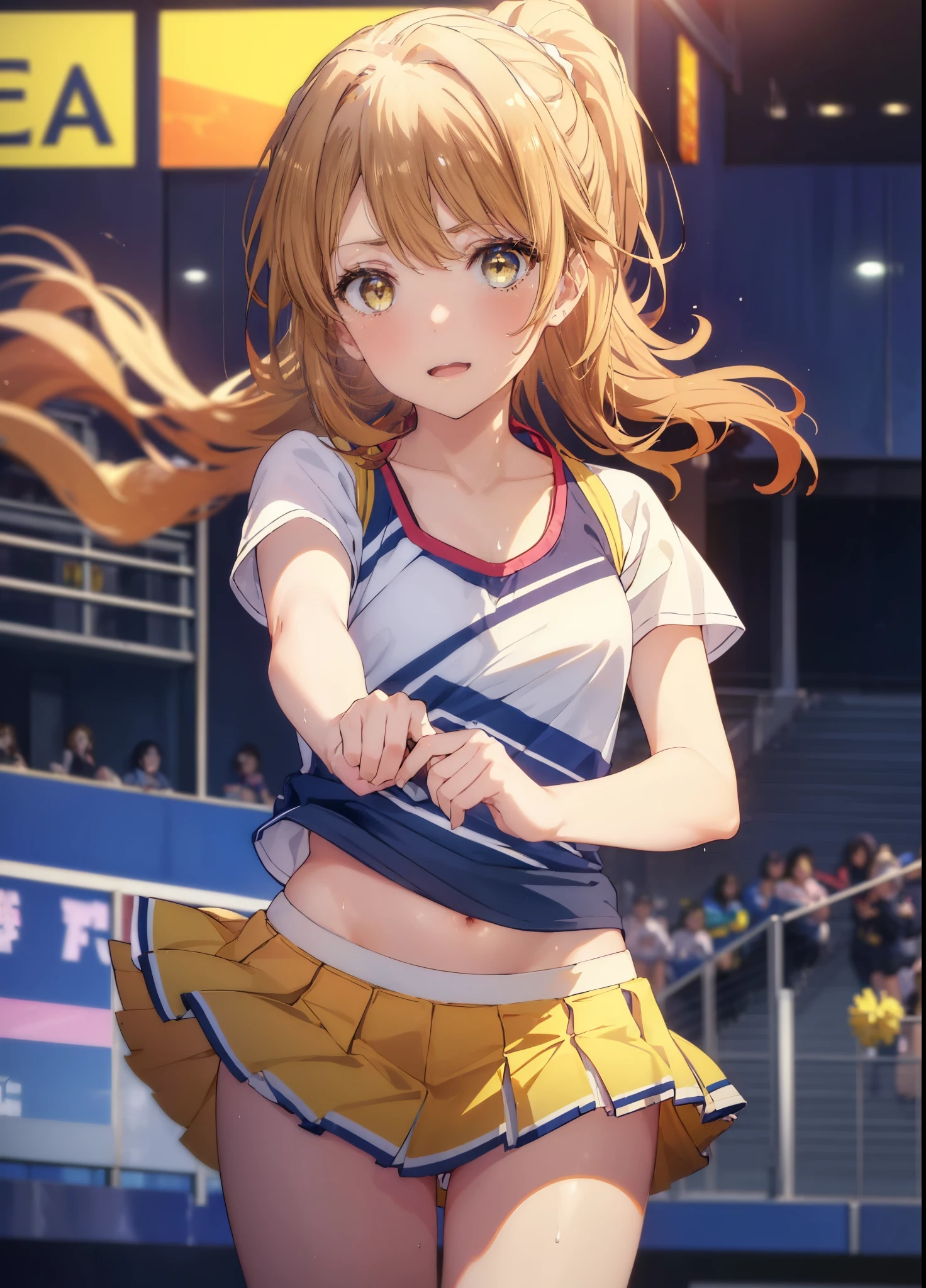 irohaisshiki, Isshiki Iroha, long hair, ponytail,brown hair, (brown eyes:1.5), smile,open your mouth,pom pomを両手に持っている,(Very delicate eyes), (Cheerleader), (whole body), big breasts, lower, (sweaty), sweaty Wet Clothes, (yellow clothes), pleated skirt, striped socks,sneakers,navel support, playground, (jump), (jump), 足を曲げてjumpする,Cheerleader, pom pom \(Cheerleader\), break outdoor ,arena,運動場
break looking at viewer,
break (masterpiece:1.2), highest quality, High resolution, unity 8k wallpaper, (shape:0.8), (beautiful and detailed eyes:1.6), highly detailed face, perfect lighting, Very detailed CG, (perfect hands, perfect anatomy),